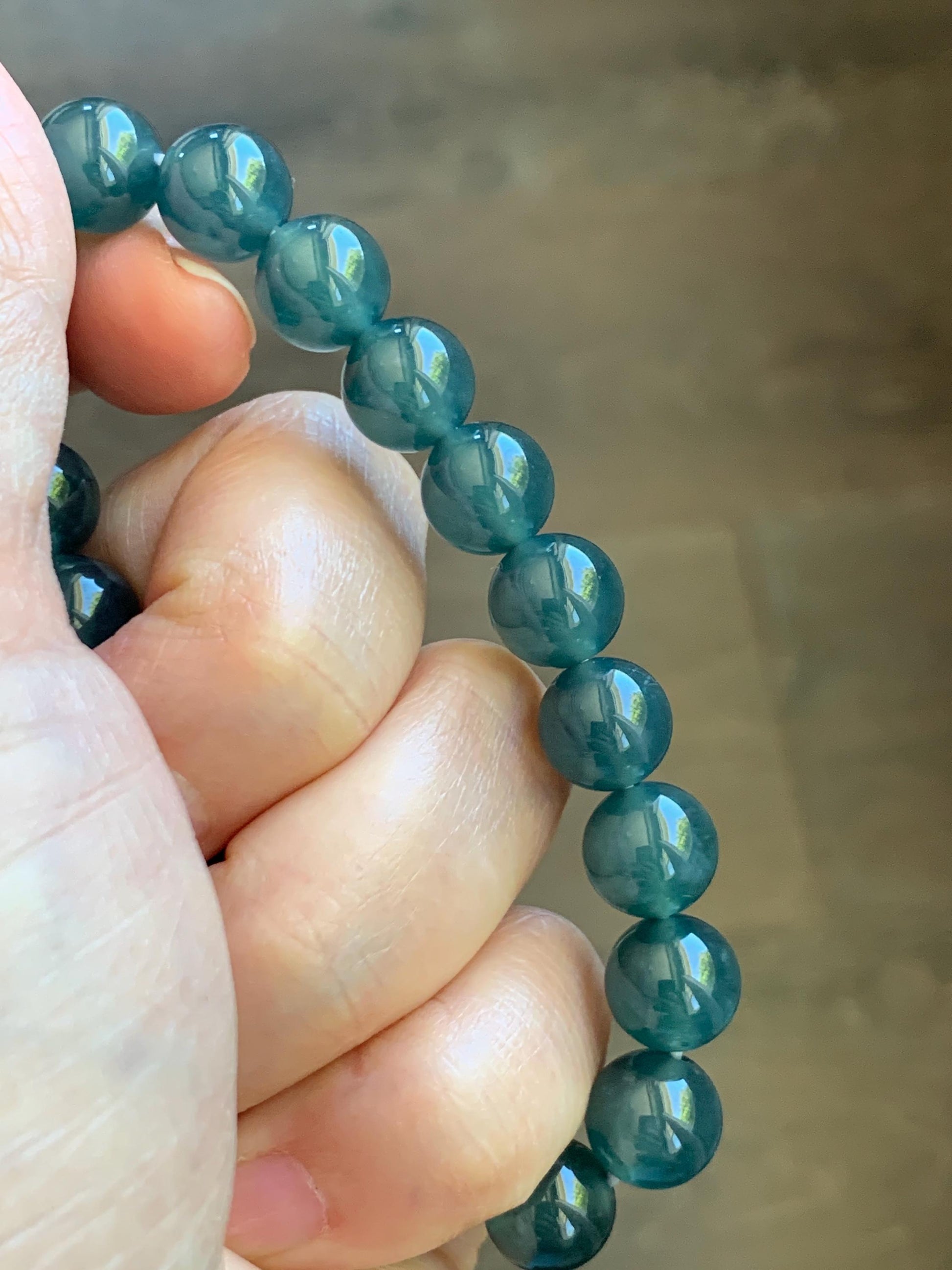 Natural Grade A Guatemalan Icy Translucent Dark Teal Blue Jade Jadeite Beaded Bracelet Stretchy 9.8mm 7.25” 33g 天然冰危老种深蓝绿翡翠圆珠手串 WSB330