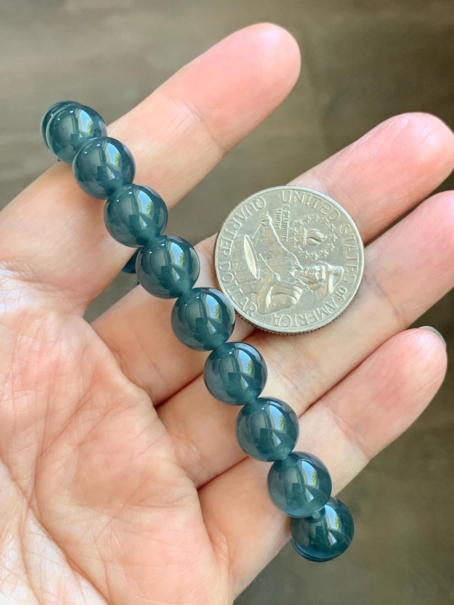Natural Grade A Guatemalan Icy Translucent Dark Teal Blue Jade Jadeite Beaded Bracelet Stretchy 9.8mm 7.25” 33g 天然冰危老种深蓝绿翡翠圆珠手串 WSB330