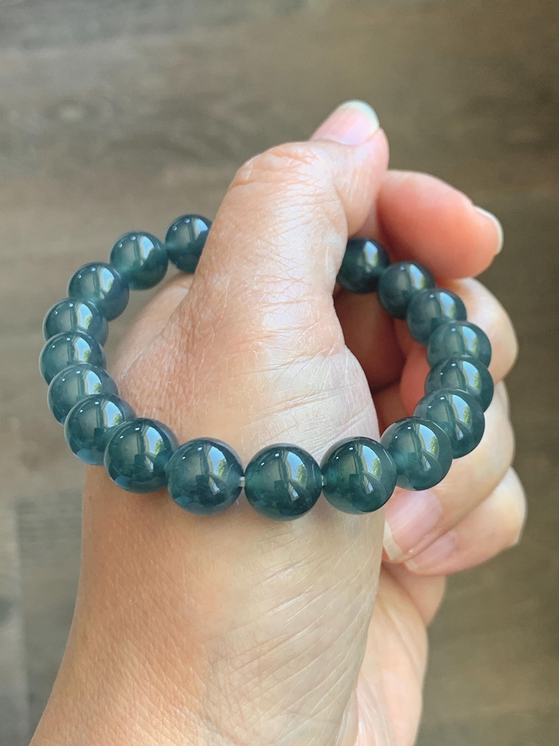 Natural Grade A Guatemalan Icy Translucent Dark Teal Blue Jade Jadeite Beaded Bracelet Stretchy 9.8mm 7.25” 33g 天然冰危老种深蓝绿翡翠圆珠手串 WSB330