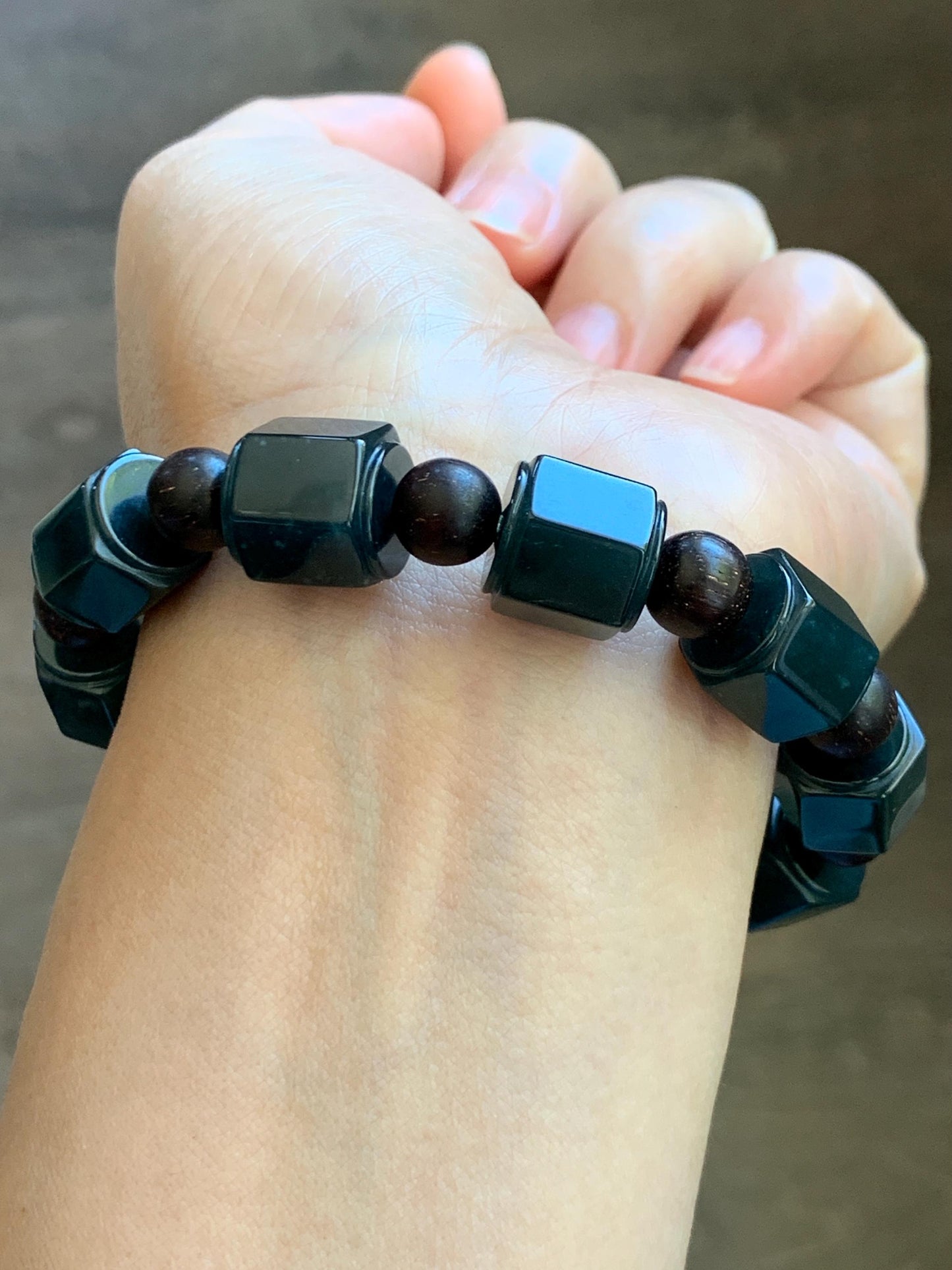 Natural Grade A Guatemalan Icy Translucent Dark Teal Blue Jade Jadeite Hexagon Barrel Beads Beaded Bracelet 7.5” 48g 天然冰胶危老蓝水翡翠六棱珠手串 WLL440