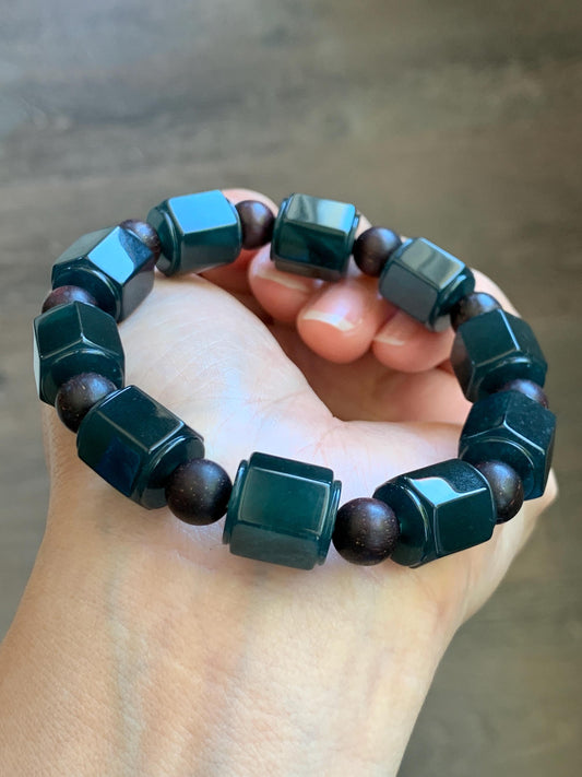 Natural Grade A Guatemalan Icy Translucent Dark Teal Blue Jade Jadeite Hexagon Barrel Beads Beaded Bracelet 7.5” 48g 天然冰胶危老蓝水翡翠六棱珠手串 WLL440