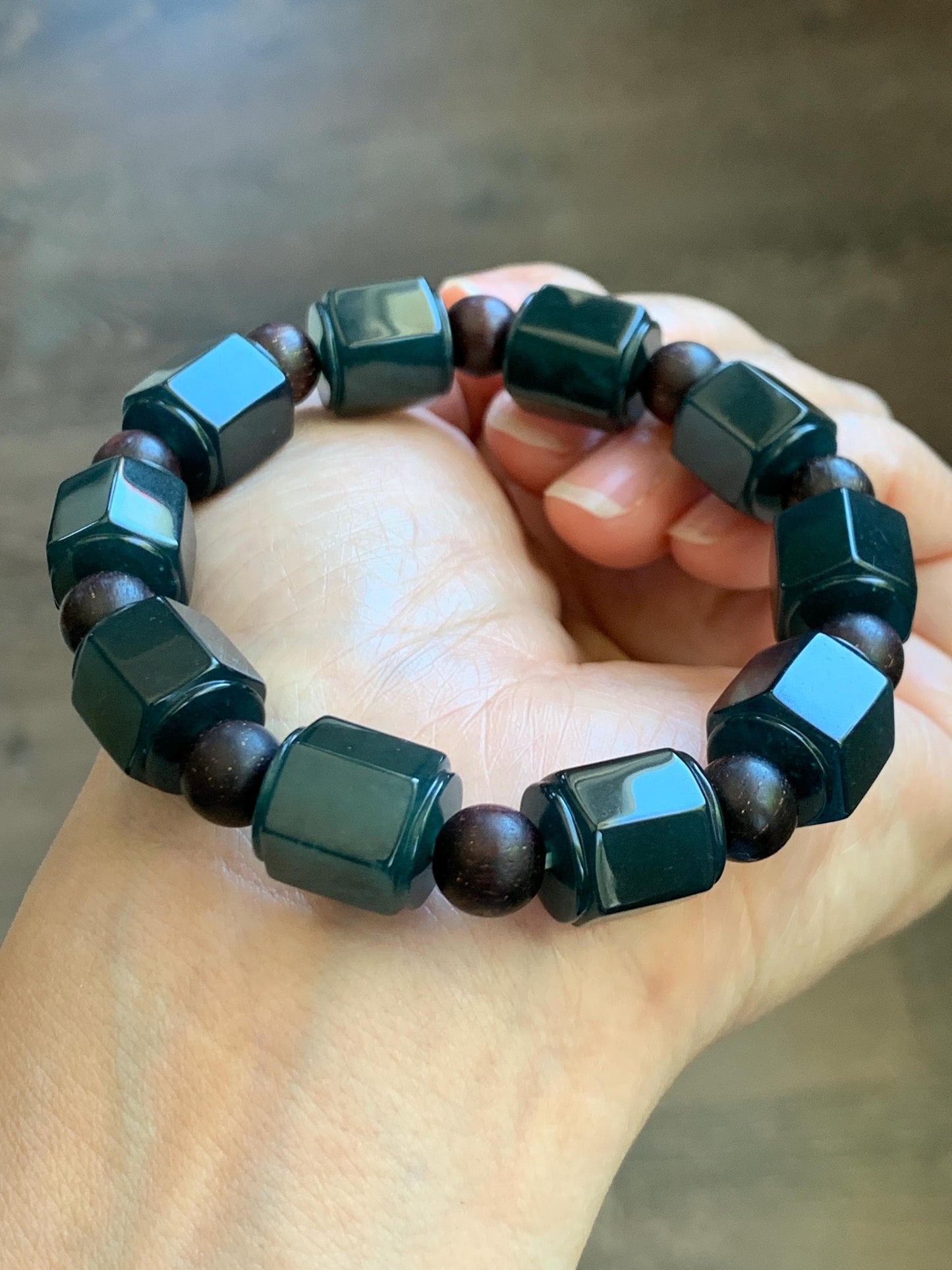 Natural Grade A Guatemalan Icy Translucent Dark Teal Blue Jade Jadeite Hexagon Barrel Beads Beaded Bracelet 7.5” 48g 天然冰胶危老蓝水翡翠六棱珠手串 WLL440