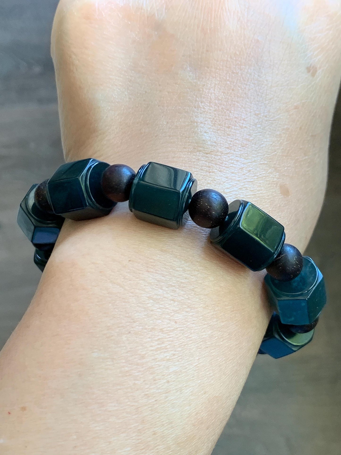 Natural Grade A Guatemalan Icy Translucent Dark Teal Blue Jade Jadeite Hexagon Barrel Beads Beaded Bracelet 7.5” 48g 天然冰胶危老蓝水翡翠六棱珠手串 WLL440