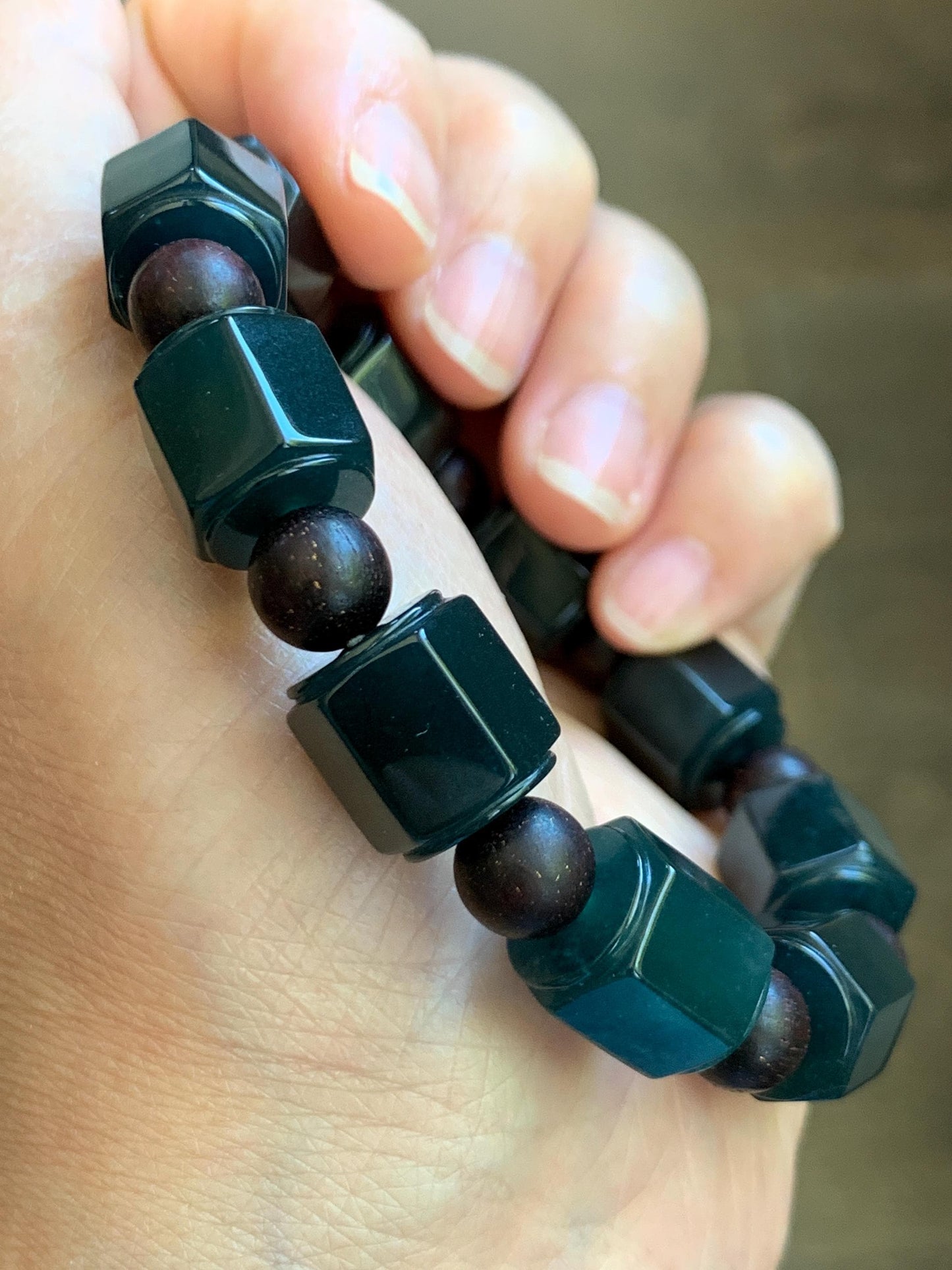 Natural Grade A Guatemalan Icy Translucent Dark Teal Blue Jade Jadeite Hexagon Barrel Beads Beaded Bracelet 7.5” 48g 天然冰胶危老蓝水翡翠六棱珠手串 WLL440