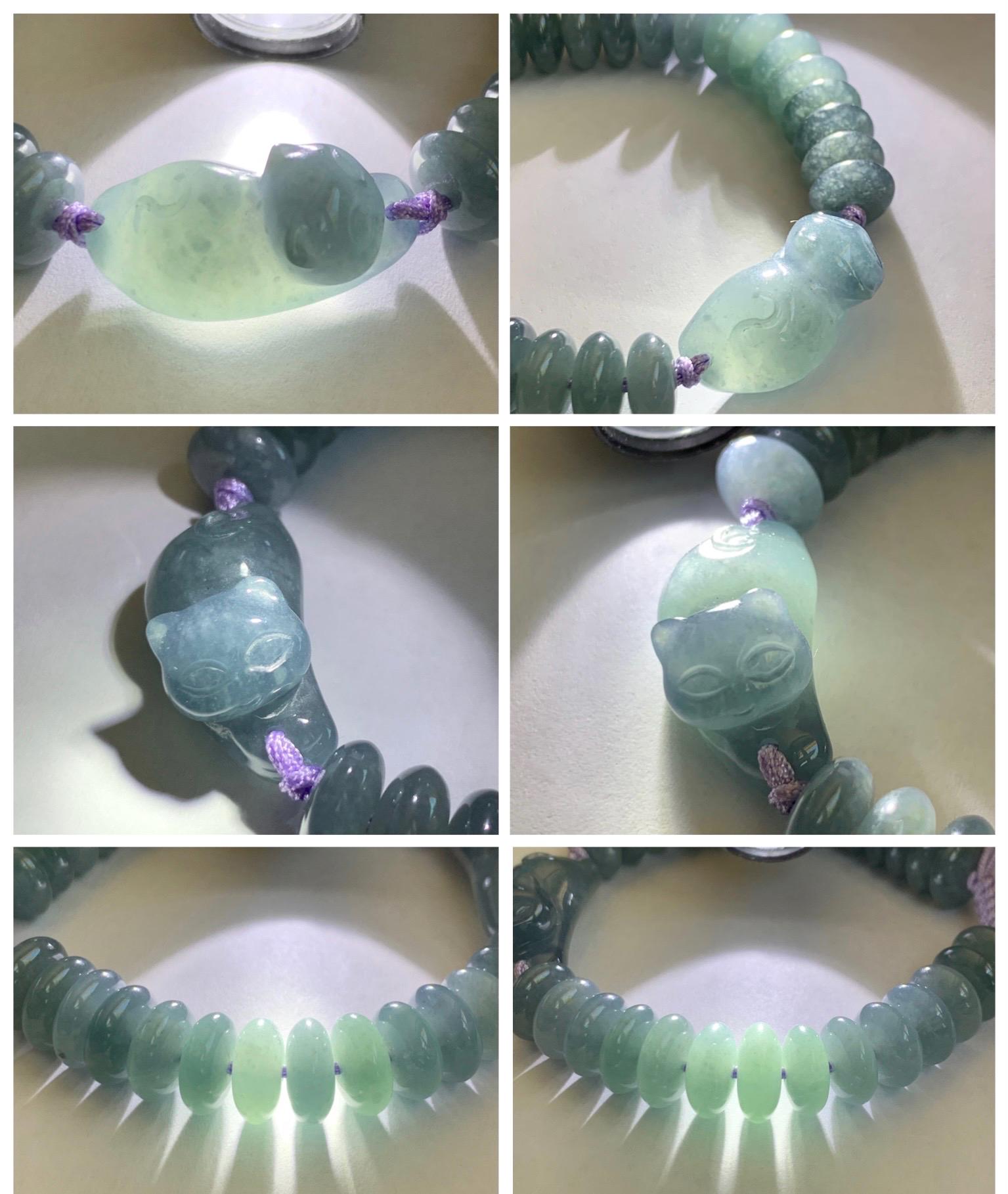Natural Grade A Guatemalan Icy Translucent Dusty Teal Blue Jade Jadeite Cat Drum Beads Beaded Bracelet 6”-7.5” 34g 天然冰危蓝紫翡翠猫咪鼓珠手串 WLM310