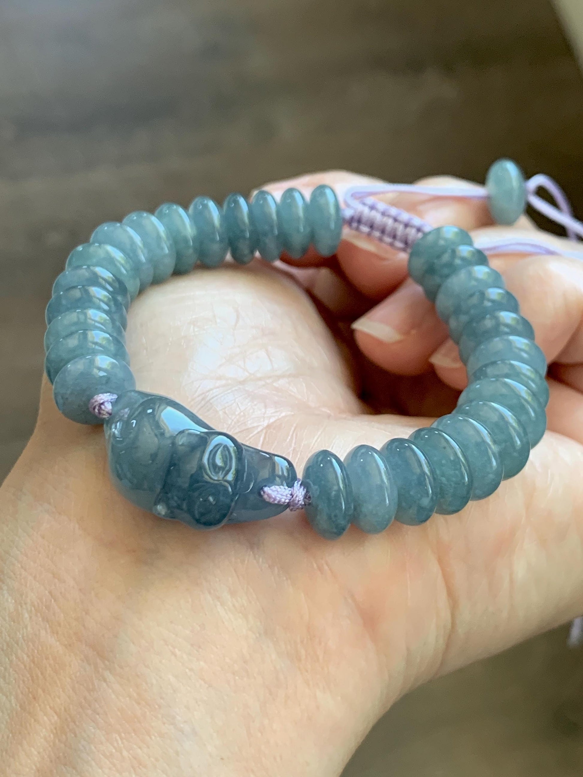 Natural Grade A Guatemalan Icy Translucent Dusty Teal Blue Jade Jadeite Cat Drum Beads Beaded Bracelet 6”-7.5” 34g 天然冰危蓝紫翡翠猫咪鼓珠手串 WLM310