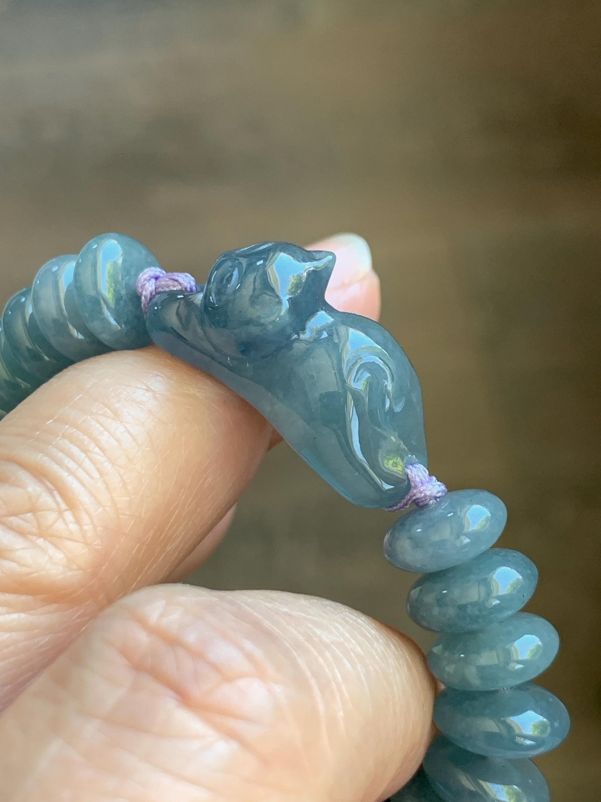 Natural Grade A Guatemalan Icy Translucent Dusty Teal Blue Jade Jadeite Cat Drum Beads Beaded Bracelet 6”-7.5” 34g 天然冰危蓝紫翡翠猫咪鼓珠手串 WLM310