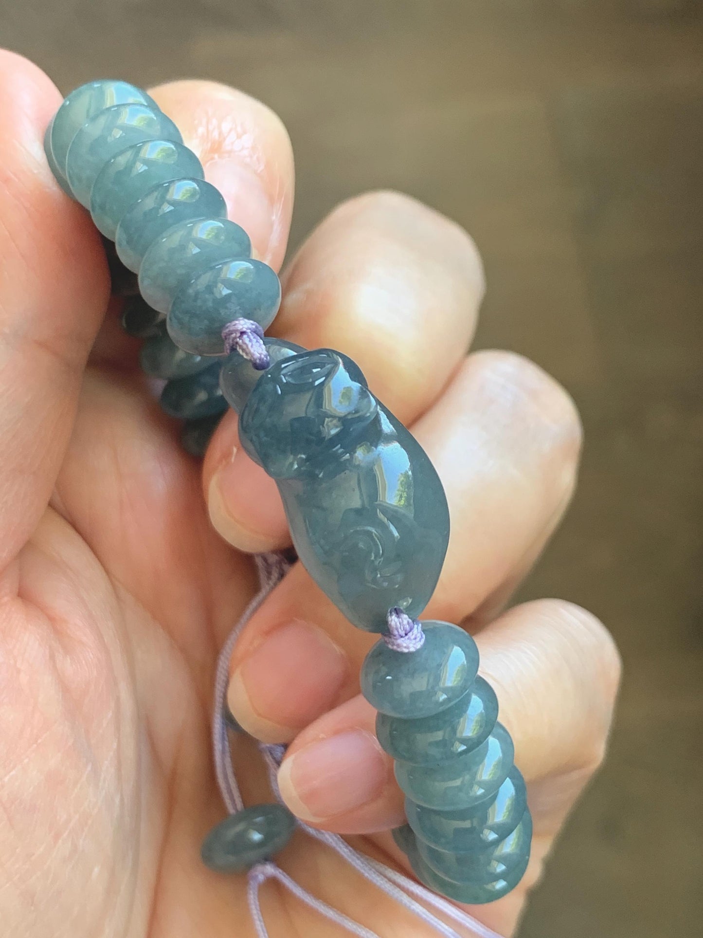 Natural Grade A Guatemalan Icy Translucent Dusty Teal Blue Jade Jadeite Cat Drum Beads Beaded Bracelet 6”-7.5” 34g 天然冰危蓝紫翡翠猫咪鼓珠手串 WLM310