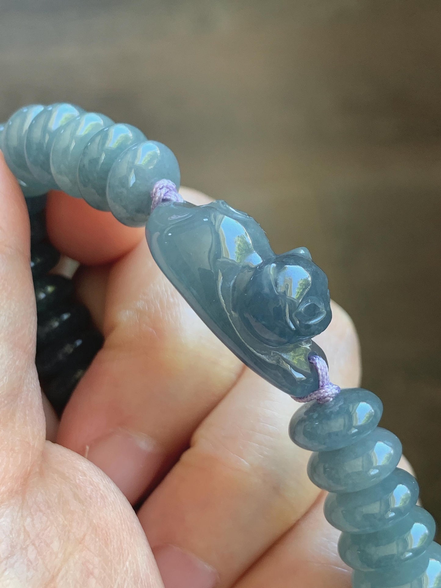 Natural Grade A Guatemalan Icy Translucent Dusty Teal Blue Jade Jadeite Cat Drum Beads Beaded Bracelet 6”-7.5” 34g 天然冰危蓝紫翡翠猫咪鼓珠手串 WLM310