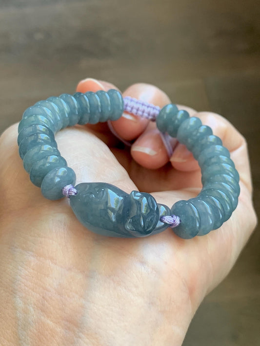 Natural Grade A Guatemalan Icy Translucent Dusty Teal Blue Jade Jadeite Cat Drum Beads Beaded Bracelet 6”-7.5” 34g 天然冰危蓝紫翡翠猫咪鼓珠手串 WLM310