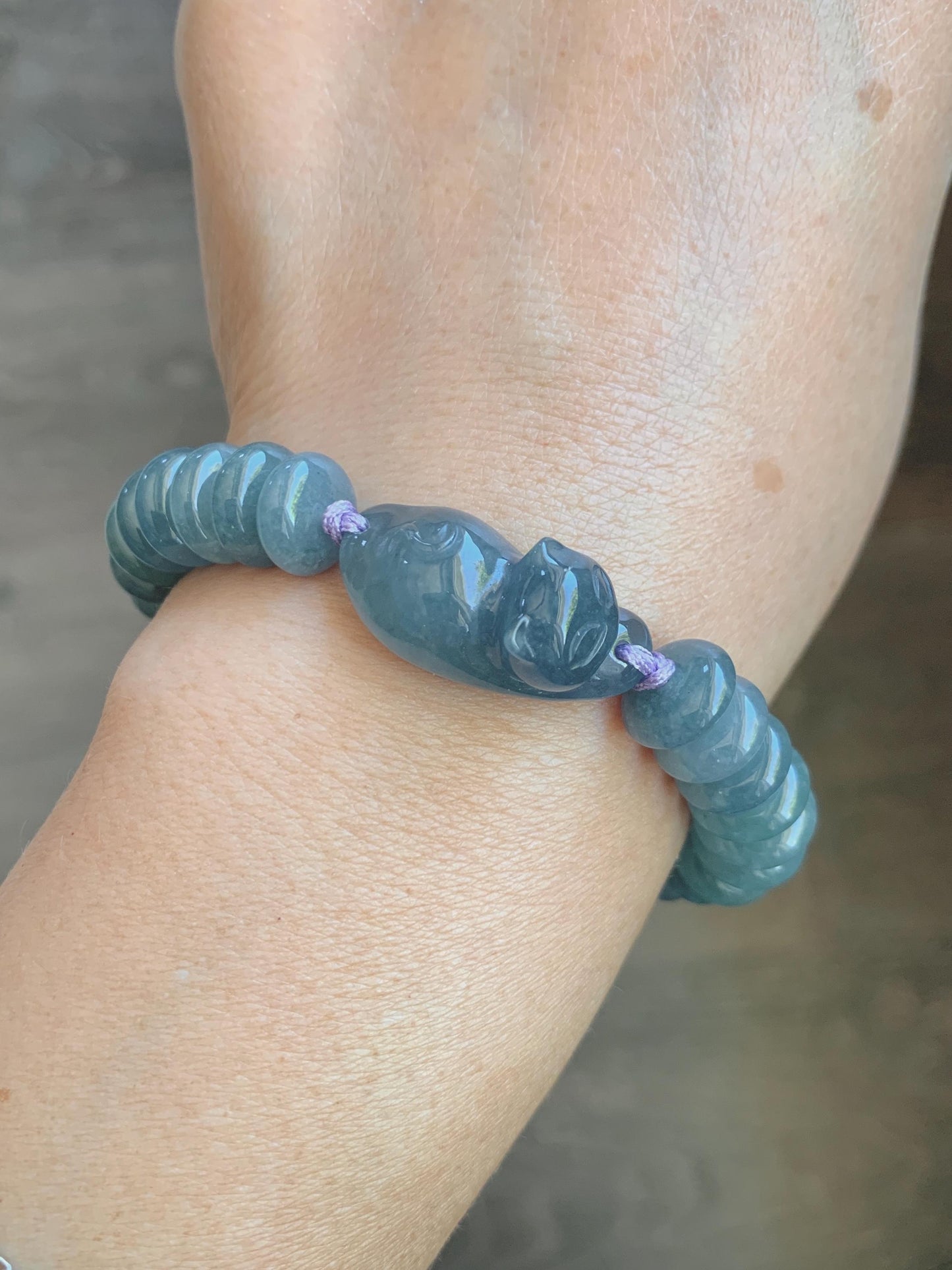 Natural Grade A Guatemalan Icy Translucent Dusty Teal Blue Jade Jadeite Cat Drum Beads Beaded Bracelet 6”-7.5” 34g 天然冰危蓝紫翡翠猫咪鼓珠手串 WLM310
