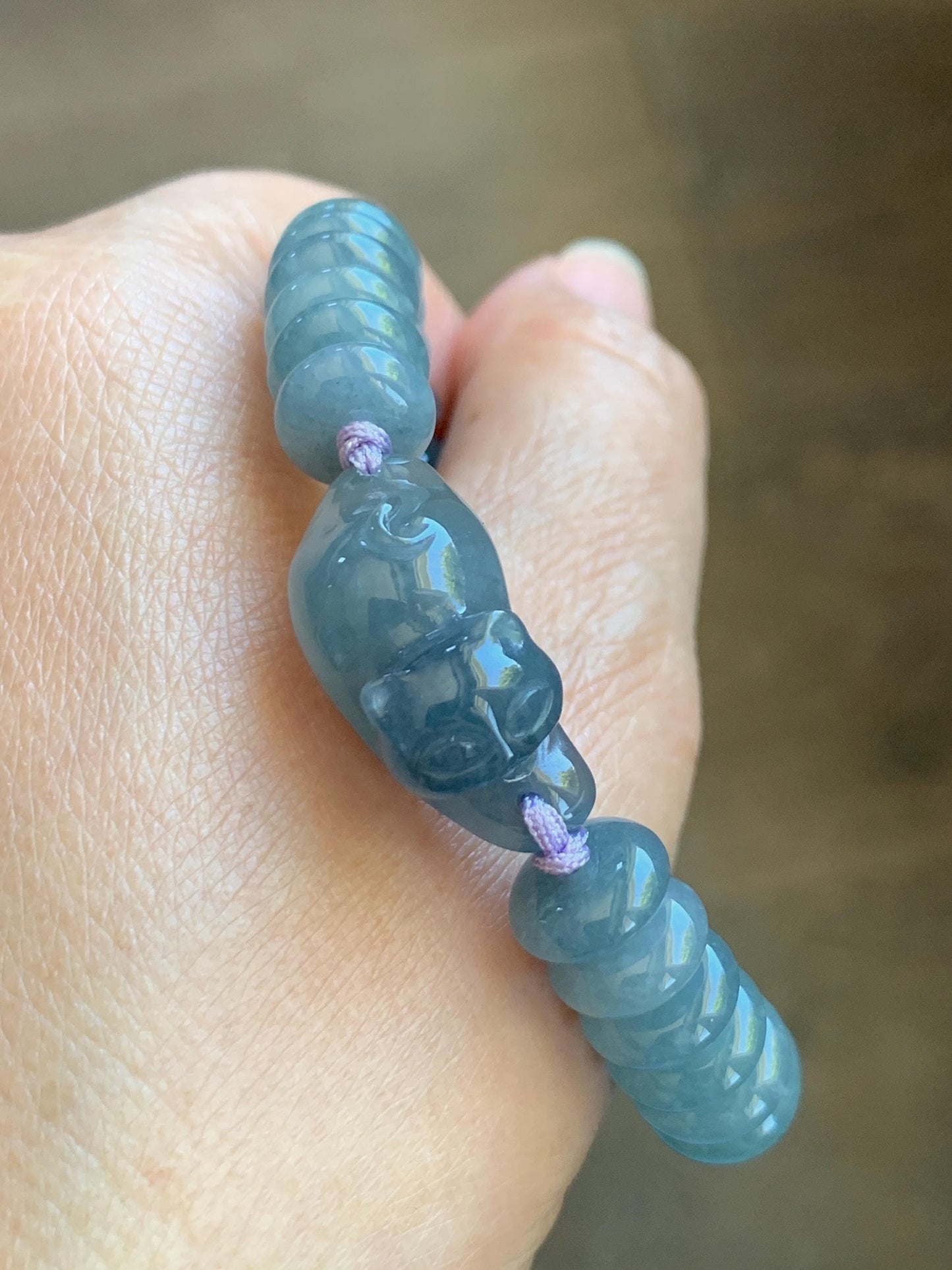 Natural Grade A Guatemalan Icy Translucent Dusty Teal Blue Jade Jadeite Cat Drum Beads Beaded Bracelet 6”-7.5” 34g 天然冰危蓝紫翡翠猫咪鼓珠手串 WLM310