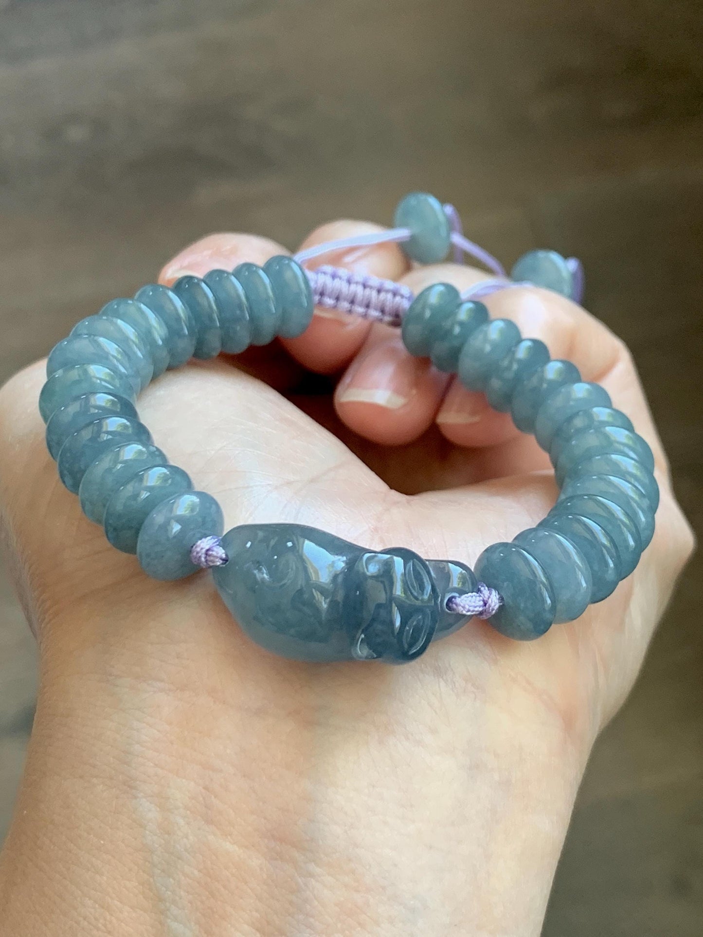 Natural Grade A Guatemalan Icy Translucent Dusty Teal Blue Jade Jadeite Cat Drum Beads Beaded Bracelet 6”-7.5” 34g 天然冰危蓝紫翡翠猫咪鼓珠手串 WLM310