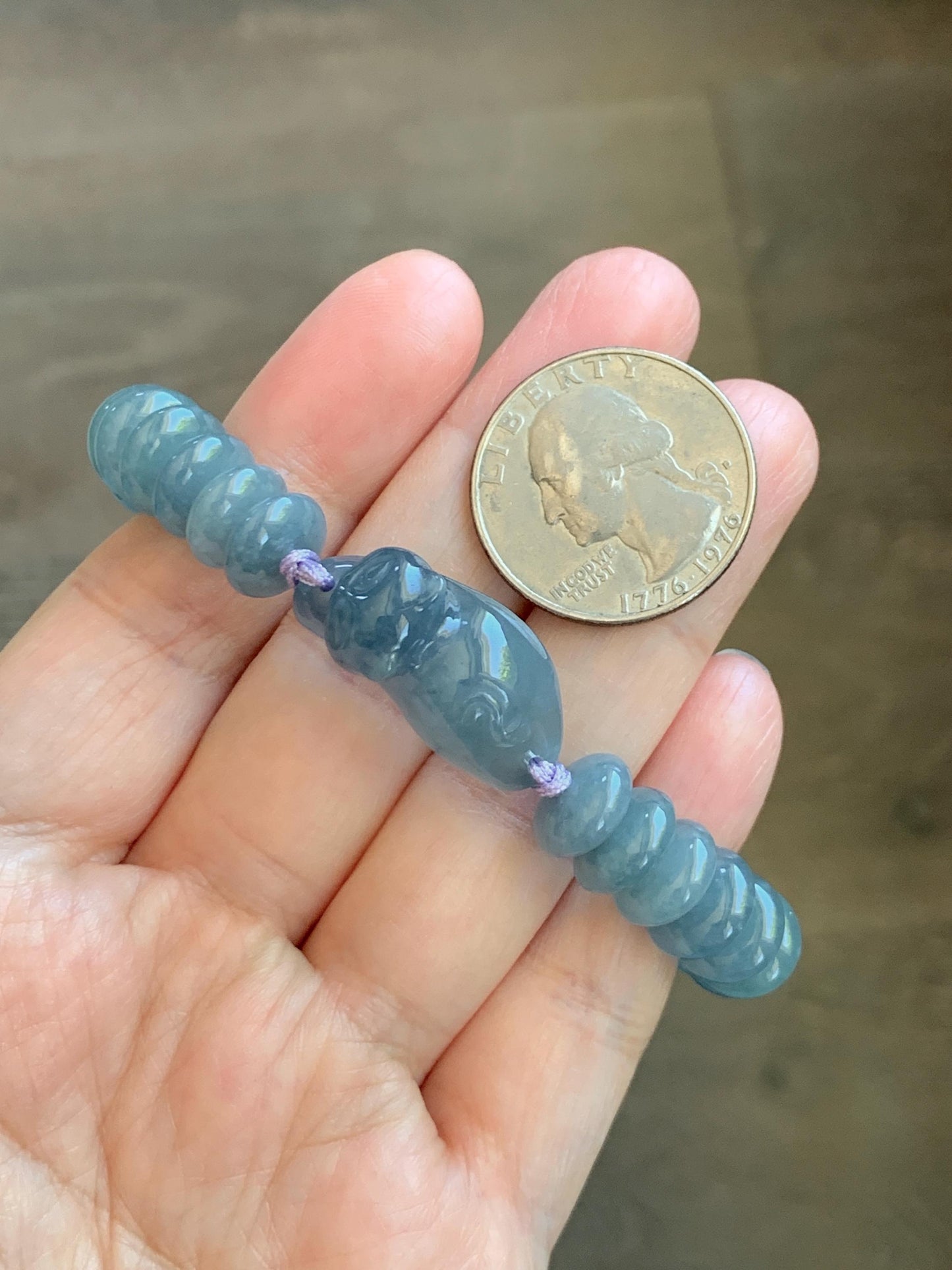 Natural Grade A Guatemalan Icy Translucent Dusty Teal Blue Jade Jadeite Cat Drum Beads Beaded Bracelet 6”-7.5” 34g 天然冰危蓝紫翡翠猫咪鼓珠手串 WLM310