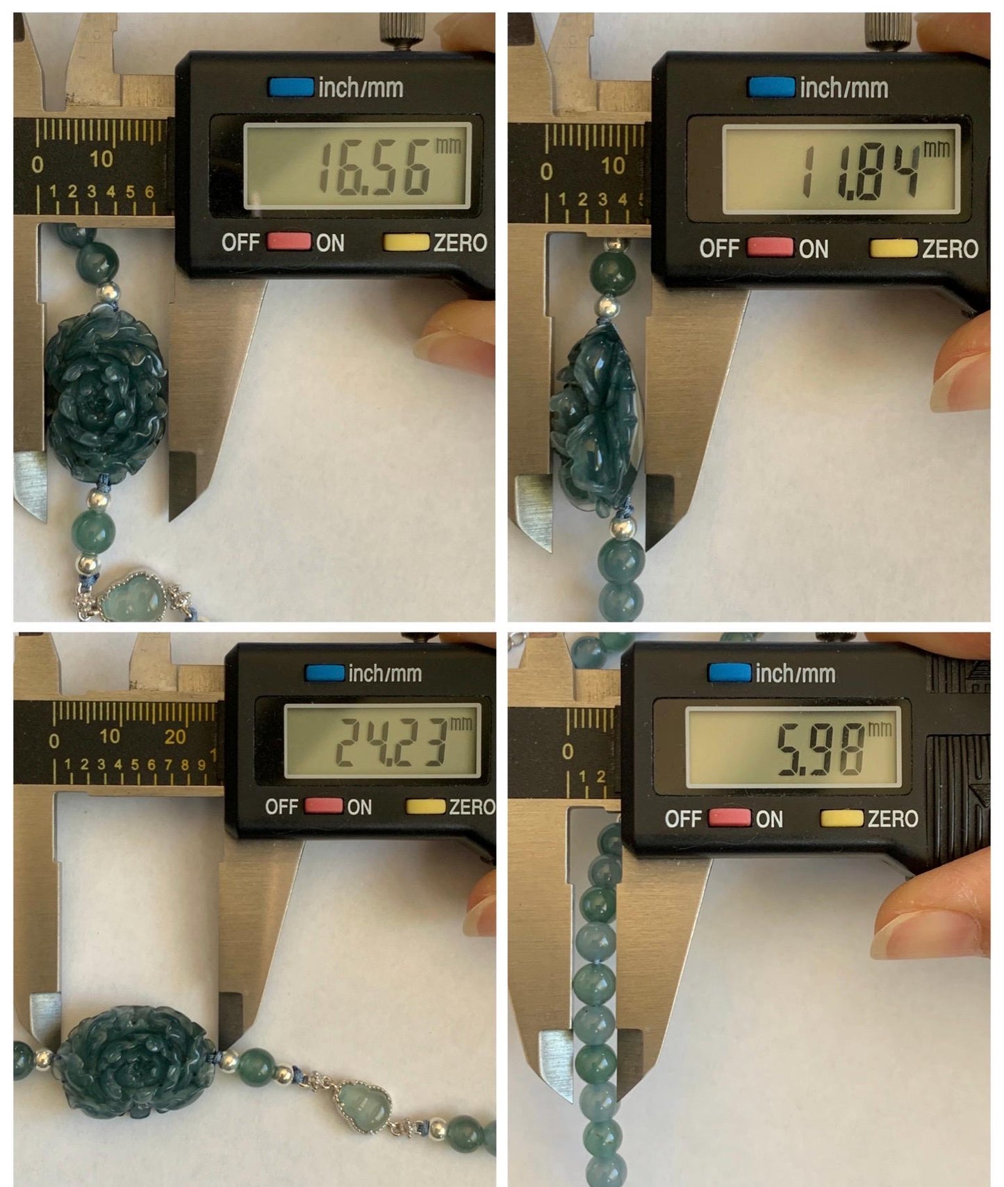 Natural Grade A Guatemalan Icy Dusty Blue Jade Jadeite Peony Flower Gourd Charm Beaded Bracelet 6.75” Sterling Silver 天然冰危蓝翡翠牡丹花圆珠手串 WMD414