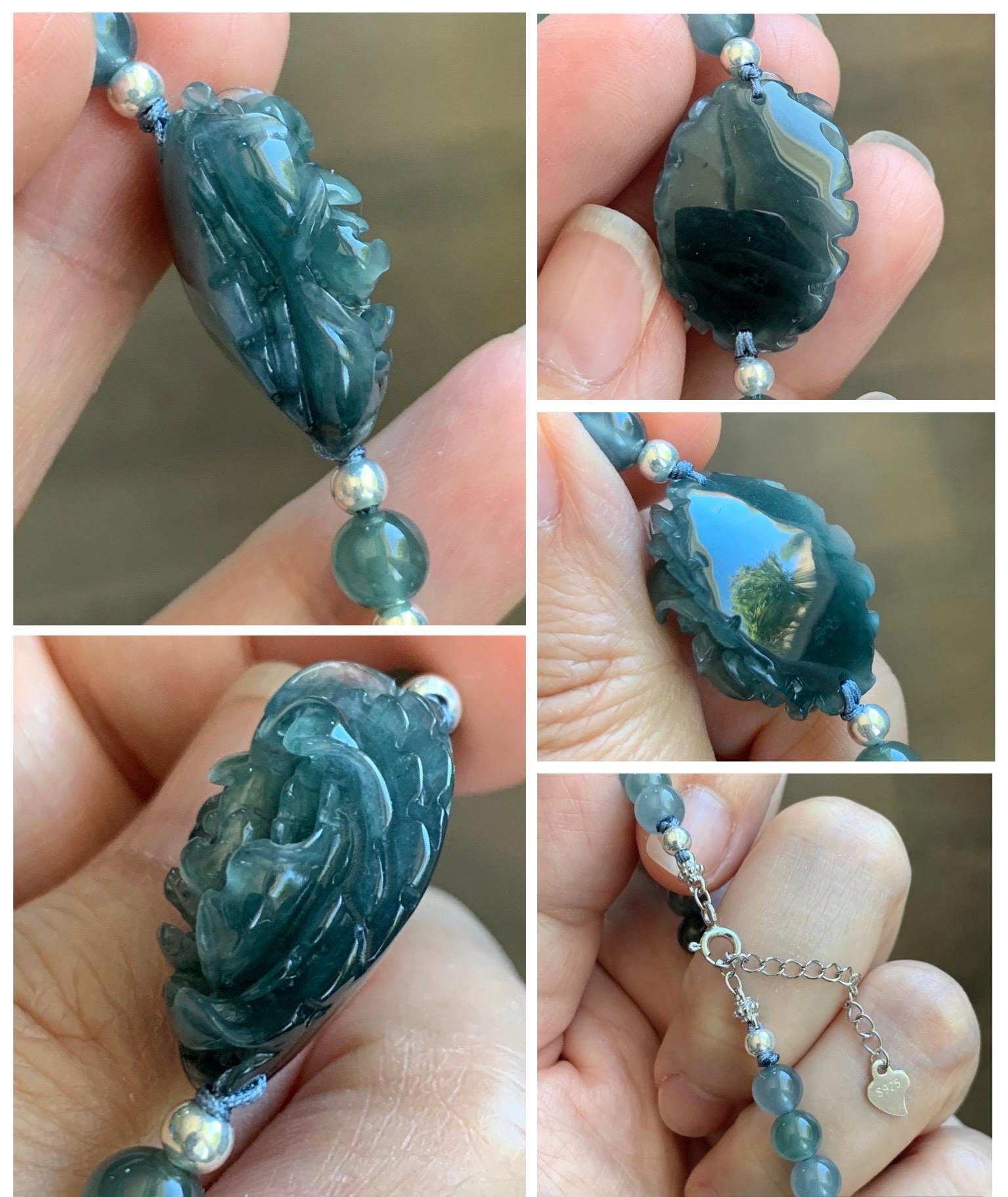 Natural Grade A Guatemalan Icy Dusty Blue Jade Jadeite Peony Flower Gourd Charm Beaded Bracelet 6.75” Sterling Silver 天然冰危蓝翡翠牡丹花圆珠手串 WMD414