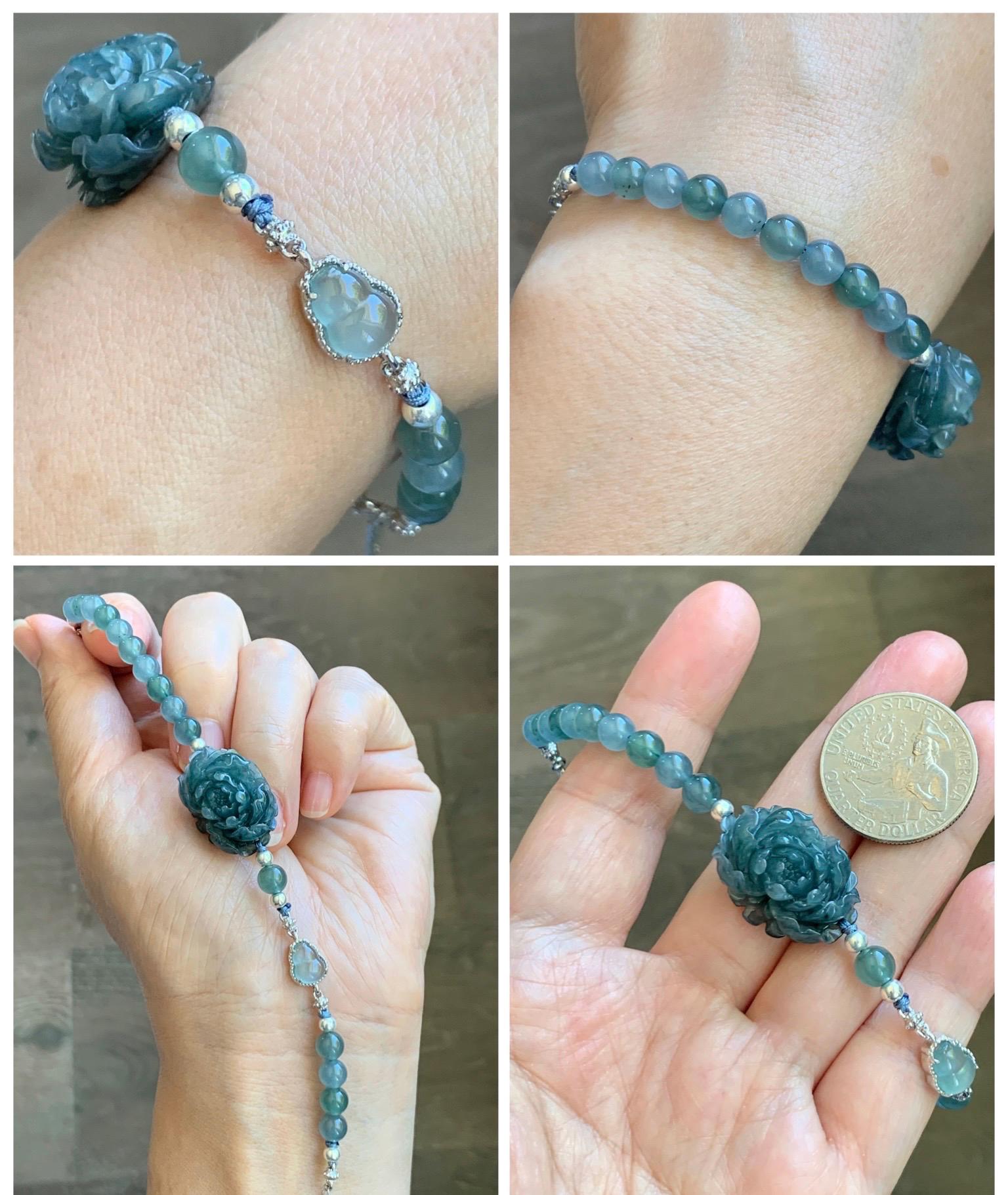 Natural Grade A Guatemalan Icy Dusty Blue Jade Jadeite Peony Flower Gourd Charm Beaded Bracelet 6.75” Sterling Silver 天然冰危蓝翡翠牡丹花圆珠手串 WMD414