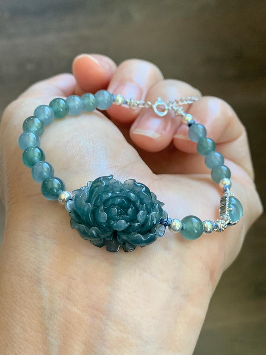 Natural Grade A Guatemalan Icy Dusty Blue Jade Jadeite Peony Flower Gourd Charm Beaded Bracelet 6.75” Sterling Silver 天然冰危蓝翡翠牡丹花圆珠手串 WMD414