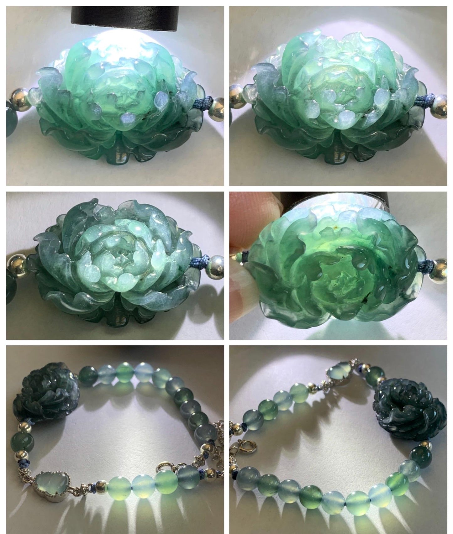 Natural Grade A Guatemalan Icy Dusty Blue Jade Jadeite Peony Flower Gourd Charm Beaded Bracelet 6.75” Sterling Silver 天然冰危蓝翡翠牡丹花圆珠手串 WMD414