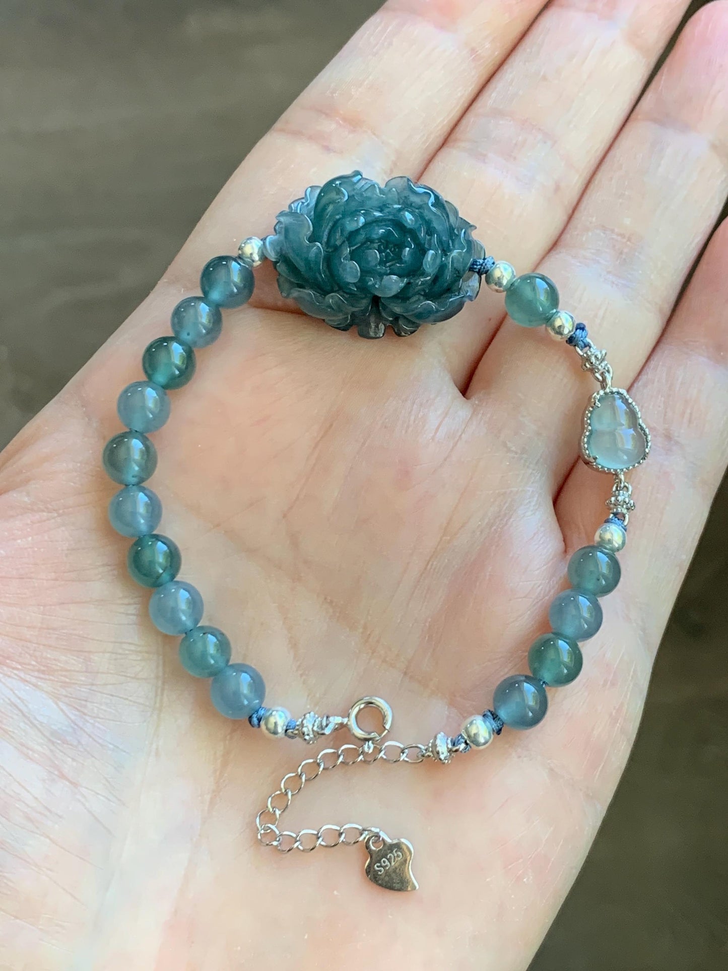 Natural Grade A Guatemalan Icy Dusty Blue Jade Jadeite Peony Flower Gourd Charm Beaded Bracelet 6.75” Sterling Silver 天然冰危蓝翡翠牡丹花圆珠手串 WMD414