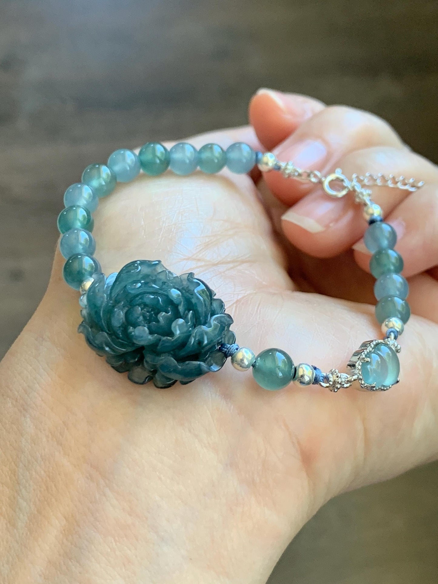 Natural Grade A Guatemalan Icy Dusty Blue Jade Jadeite Peony Flower Gourd Charm Beaded Bracelet 6.75” Sterling Silver 天然冰危蓝翡翠牡丹花圆珠手串 WMD414