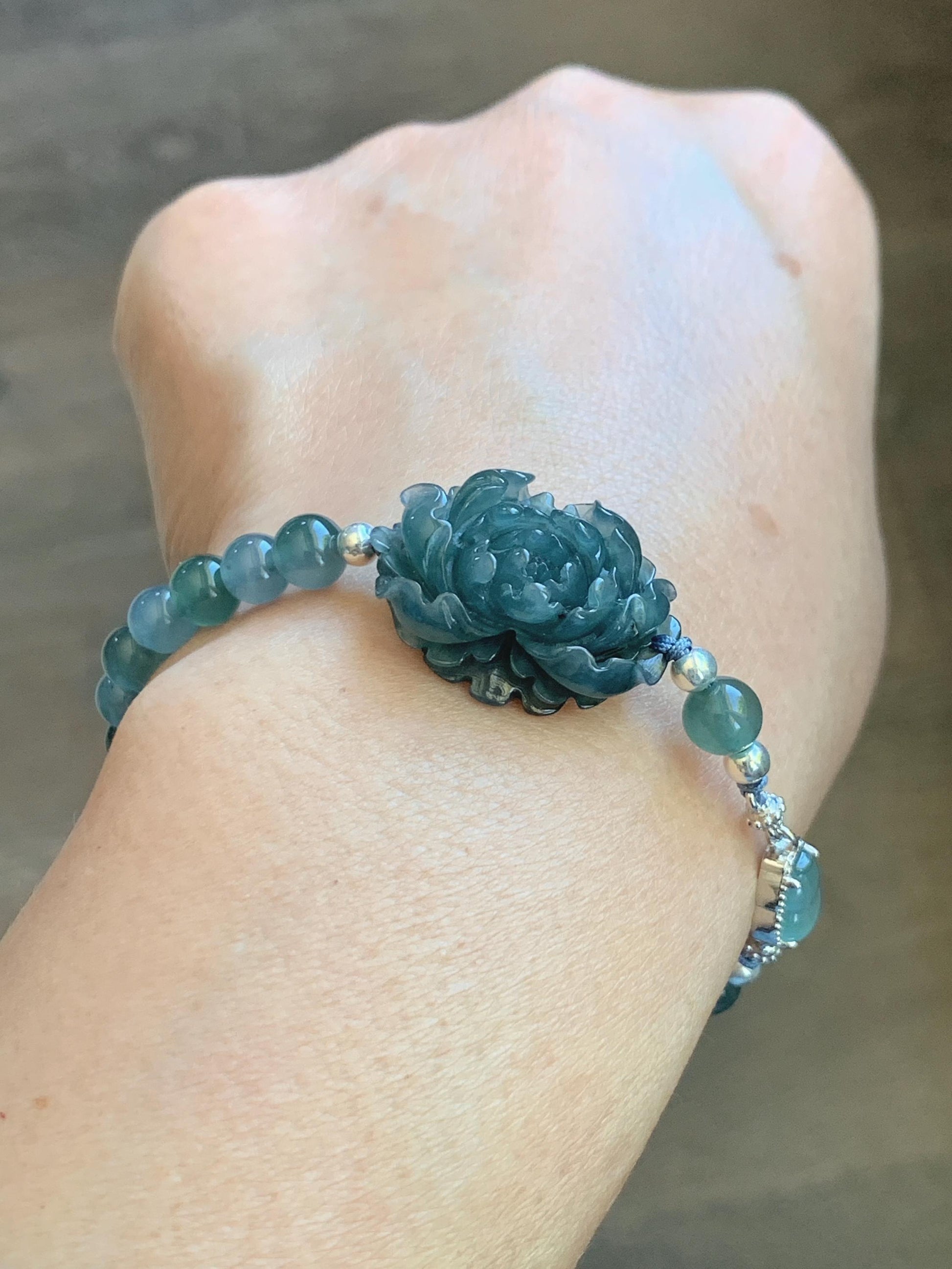 Natural Grade A Guatemalan Icy Dusty Blue Jade Jadeite Peony Flower Gourd Charm Beaded Bracelet 6.75” Sterling Silver 天然冰危蓝翡翠牡丹花圆珠手串 WMD414