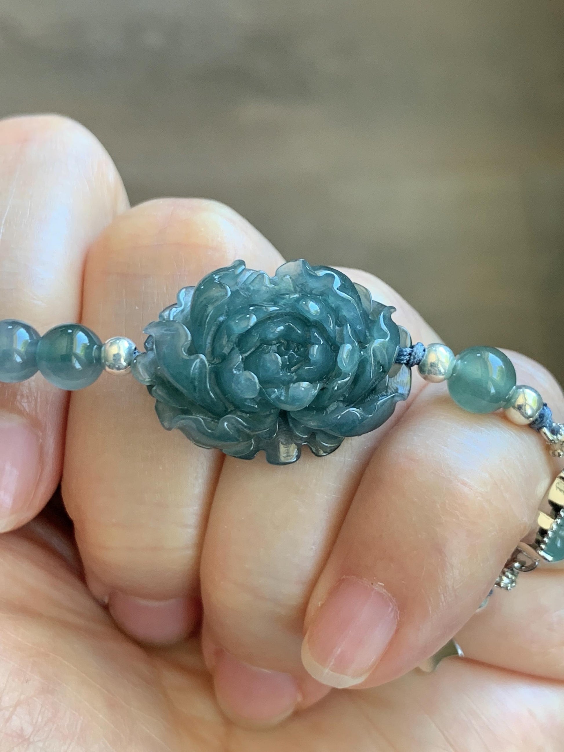 Natural Grade A Guatemalan Icy Dusty Blue Jade Jadeite Peony Flower Gourd Charm Beaded Bracelet 6.75” Sterling Silver 天然冰危蓝翡翠牡丹花圆珠手串 WMD414