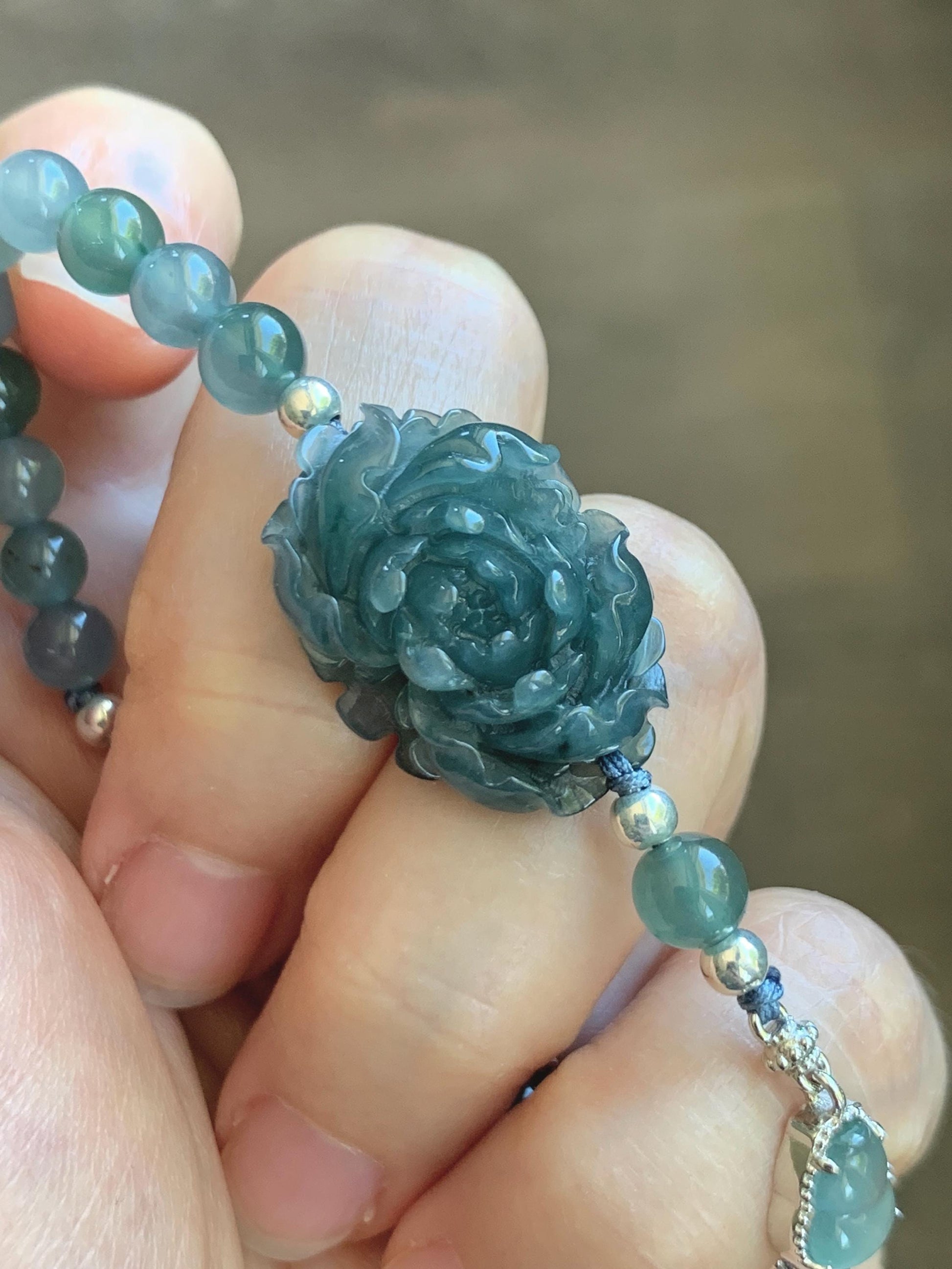 Natural Grade A Guatemalan Icy Dusty Blue Jade Jadeite Peony Flower Gourd Charm Beaded Bracelet 6.75” Sterling Silver 天然冰危蓝翡翠牡丹花圆珠手串 WMD414