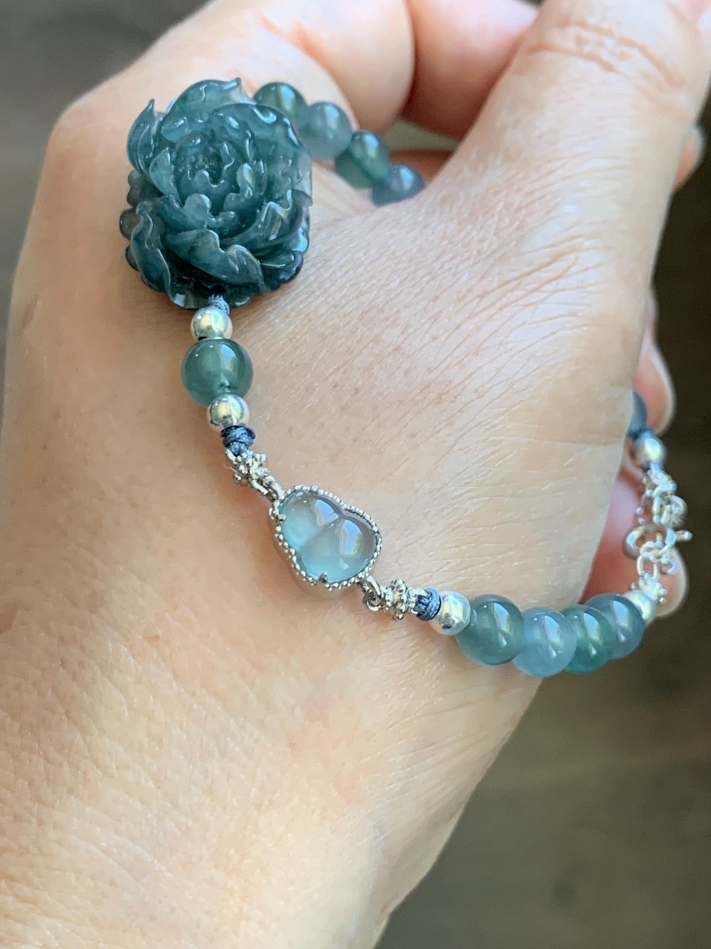 Natural Grade A Guatemalan Icy Dusty Blue Jade Jadeite Peony Flower Gourd Charm Beaded Bracelet 6.75” Sterling Silver 天然冰危蓝翡翠牡丹花圆珠手串 WMD414