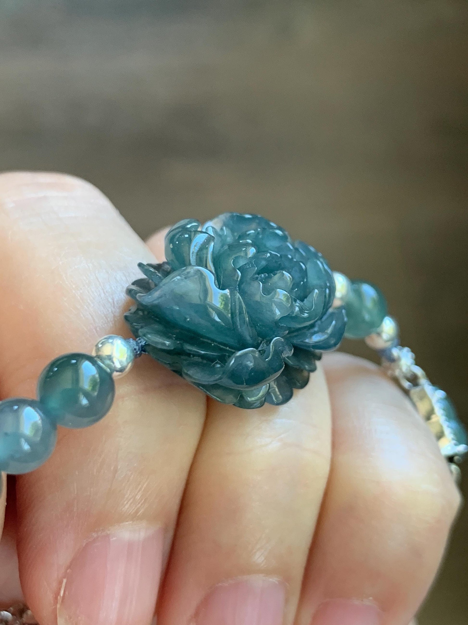 Natural Grade A Guatemalan Icy Dusty Blue Jade Jadeite Peony Flower Gourd Charm Beaded Bracelet 6.75” Sterling Silver 天然冰危蓝翡翠牡丹花圆珠手串 WMD414