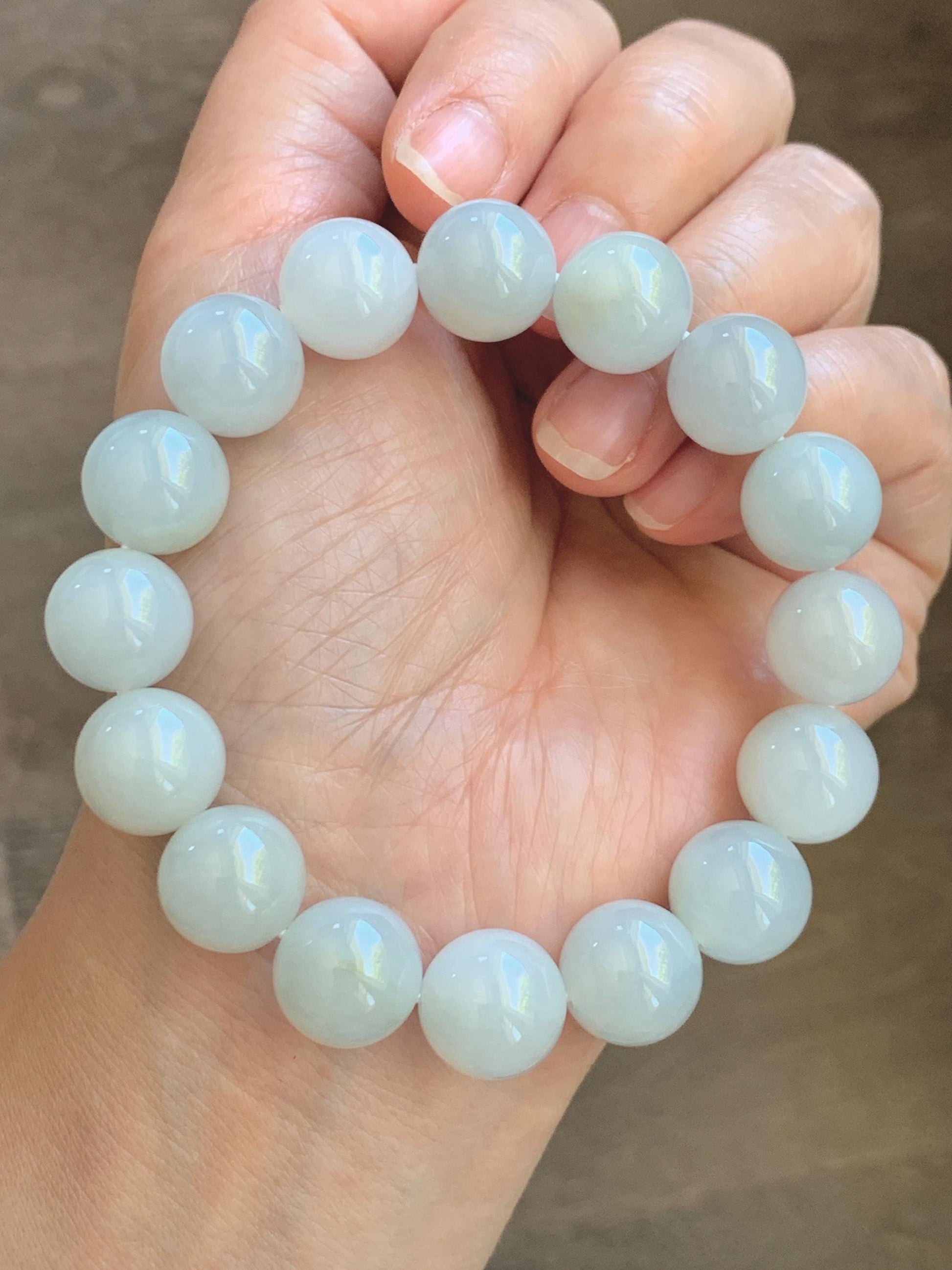 Natural Grade A Icy Translucent White Pastel Green Jade Jadeite Large Beads Beaded Bracelet 12.7mm 7.5” 58g 天然冰胶淡底色翡翠大卡圆珠手串 MDS990C