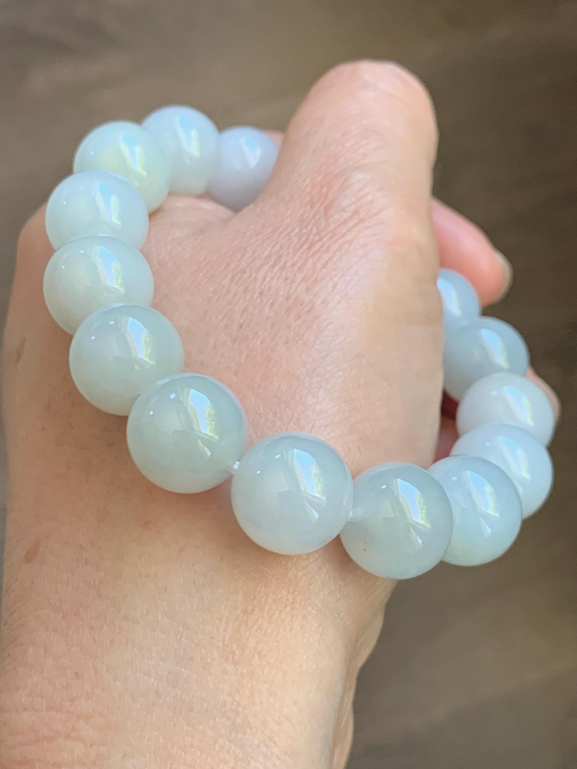 Natural Grade A Icy Translucent White Pastel Green Jade Jadeite Large Beads Beaded Bracelet 12.7mm 7.5” 58g 天然冰胶淡底色翡翠大卡圆珠手串 MDS990C
