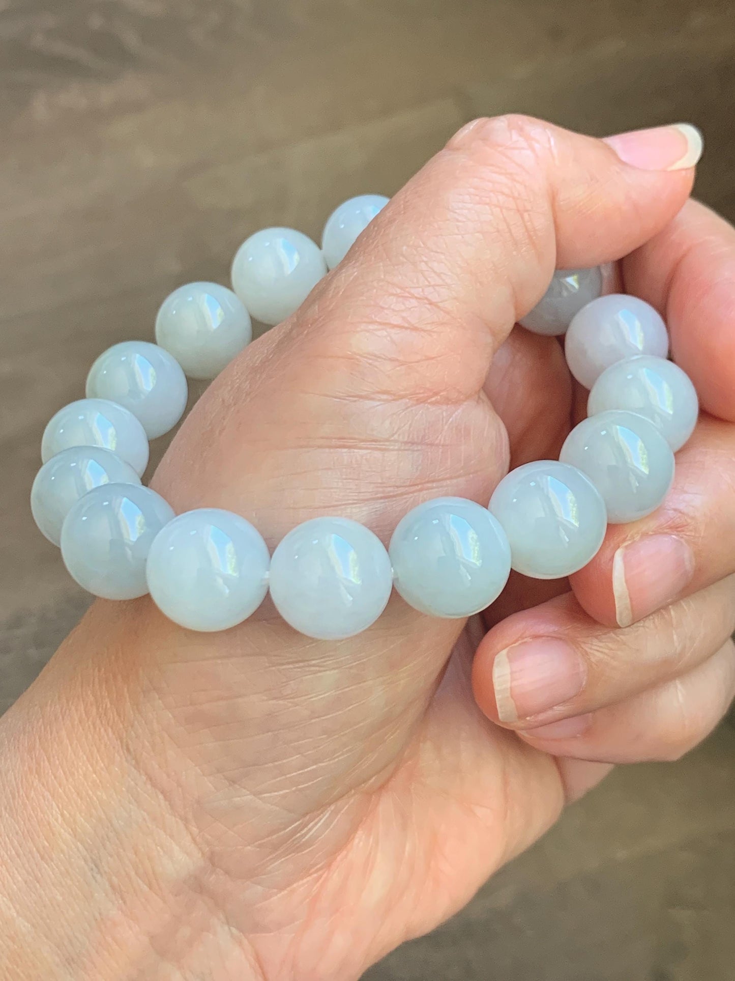 Natural Grade A Icy Translucent White Pastel Green Jade Jadeite Large Beads Beaded Bracelet 12.7mm 7.5” 58g 天然冰胶淡底色翡翠大卡圆珠手串 MDS990C