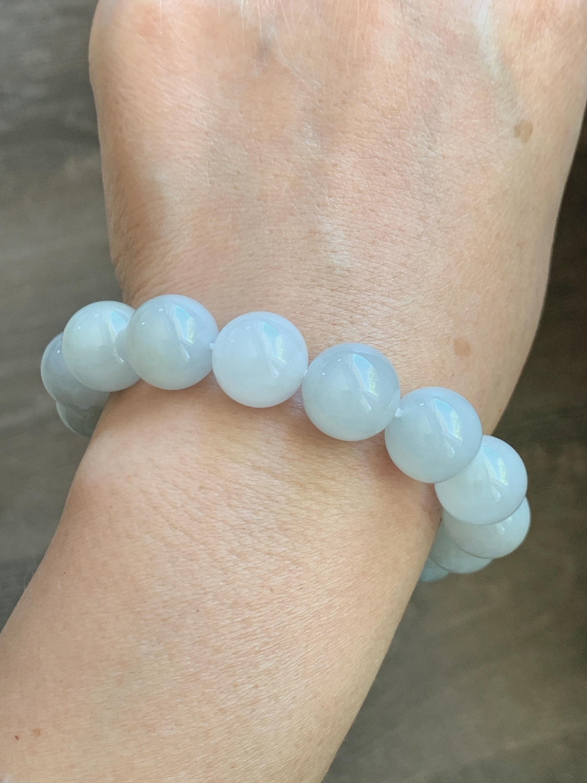 Natural Grade A Icy Translucent White Pastel Green Jade Jadeite Large Beads Beaded Bracelet 12.7mm 7.5” 58g 天然冰胶淡底色翡翠大卡圆珠手串 MDS990C