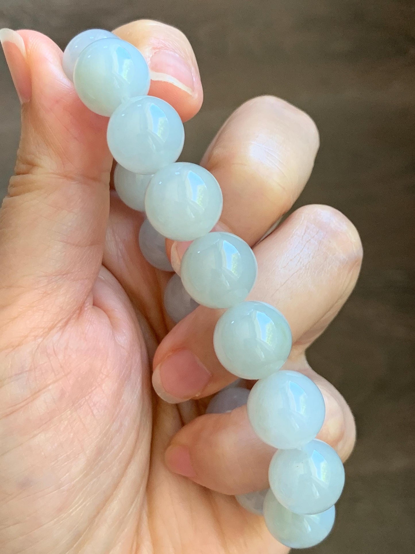 Natural Grade A Icy Translucent White Pastel Green Jade Jadeite Large Beads Beaded Bracelet 12.7mm 7.5” 58g 天然冰胶淡底色翡翠大卡圆珠手串 MDS990C