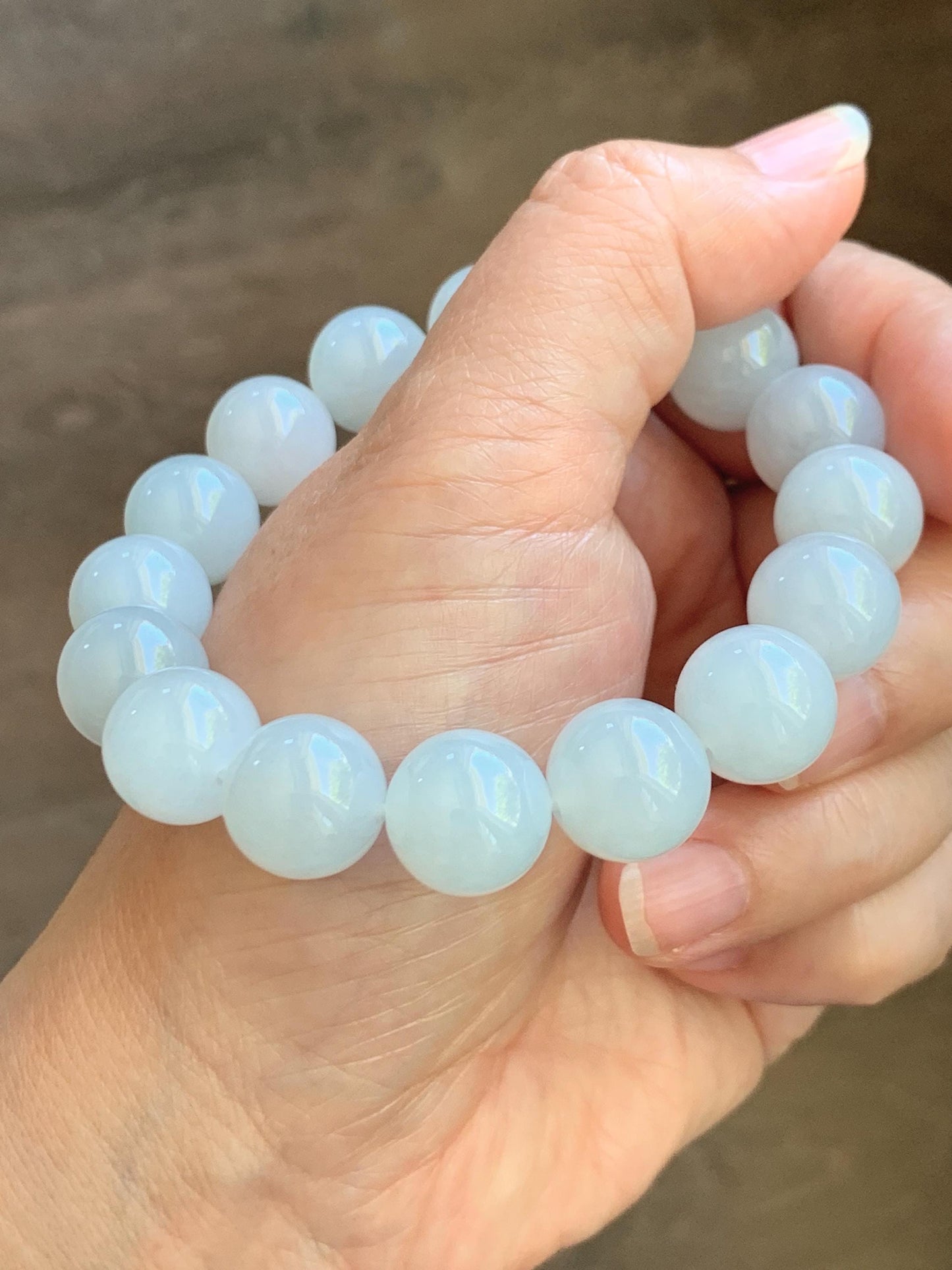Natural Grade A Icy Translucent White Pale Green Undertone Jade Jadeite Large Beads Beaded Bracelet 12.7mm 7.5” 59g 天然冰胶淡底色翡翠大卡圆珠手串 MDS990B
