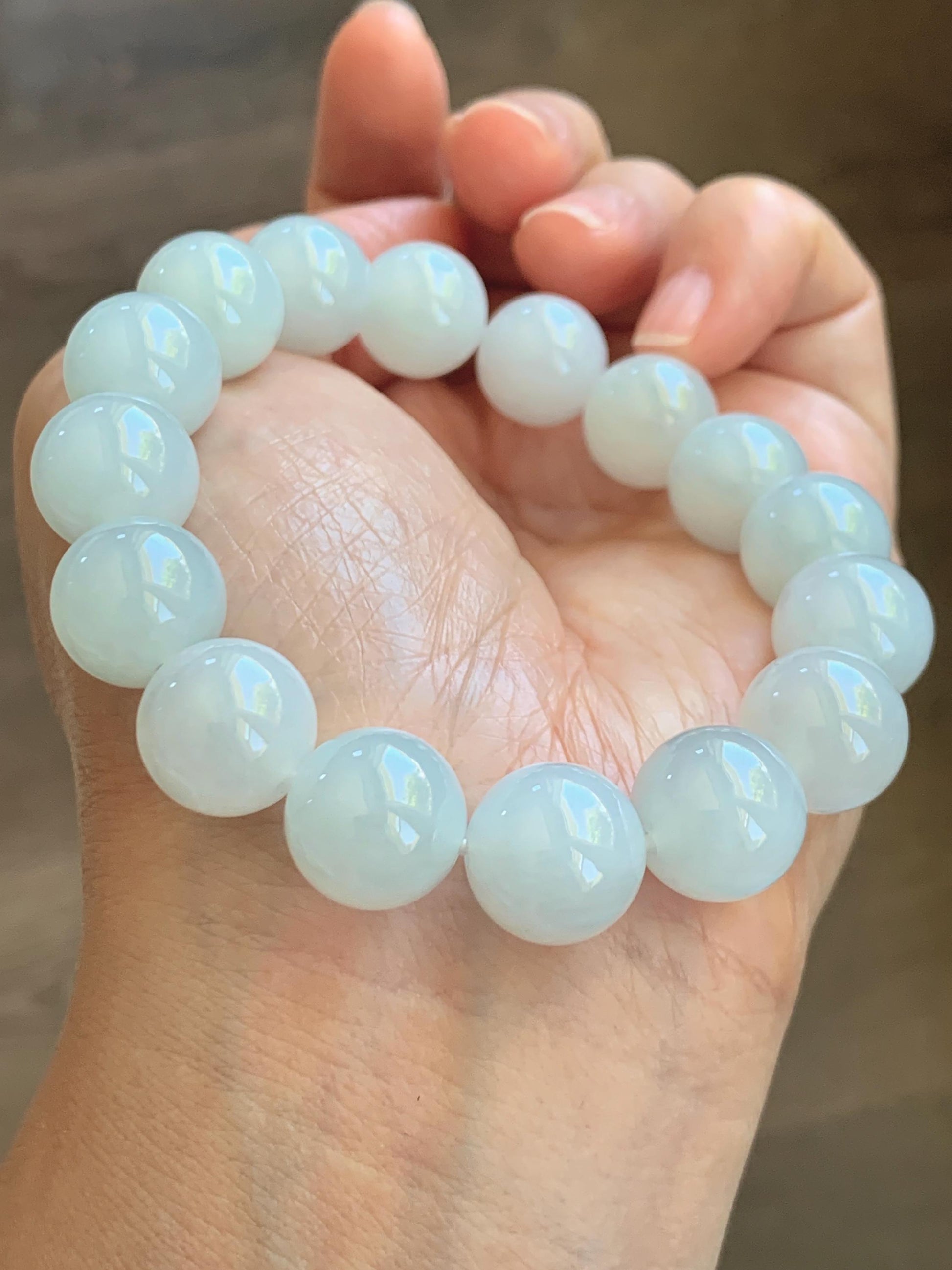 Natural Grade A Icy Translucent White Pale Green Undertone Jade Jadeite Large Beads Beaded Bracelet 12.7mm 7.5” 59g 天然冰胶淡底色翡翠大卡圆珠手串 MDS990B