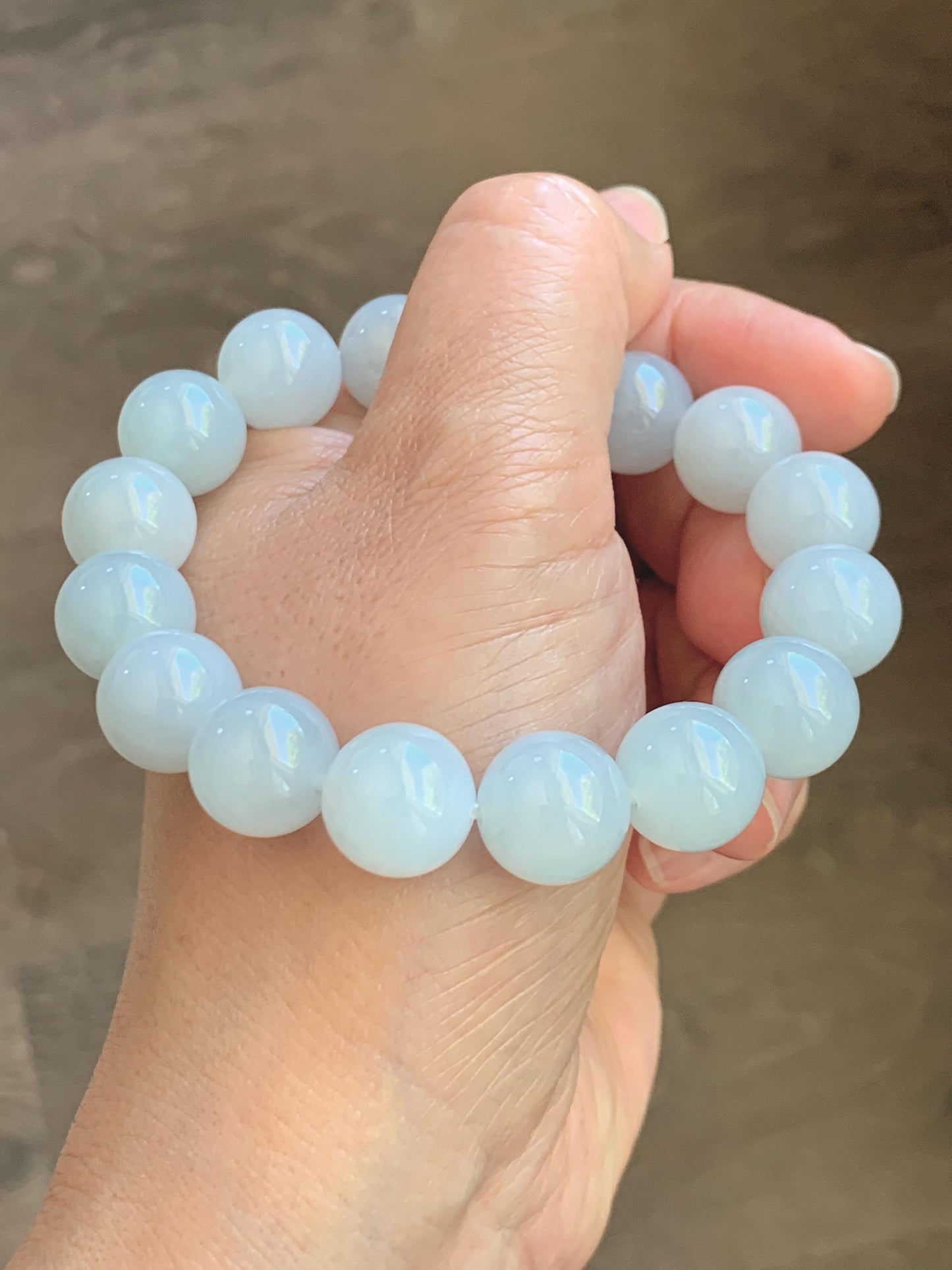 Natural Grade A Icy Translucent White Pale Green Undertone Jade Jadeite Large Beads Beaded Bracelet 12.7mm 7.5” 59g 天然冰胶淡底色翡翠大卡圆珠手串 MDS990B