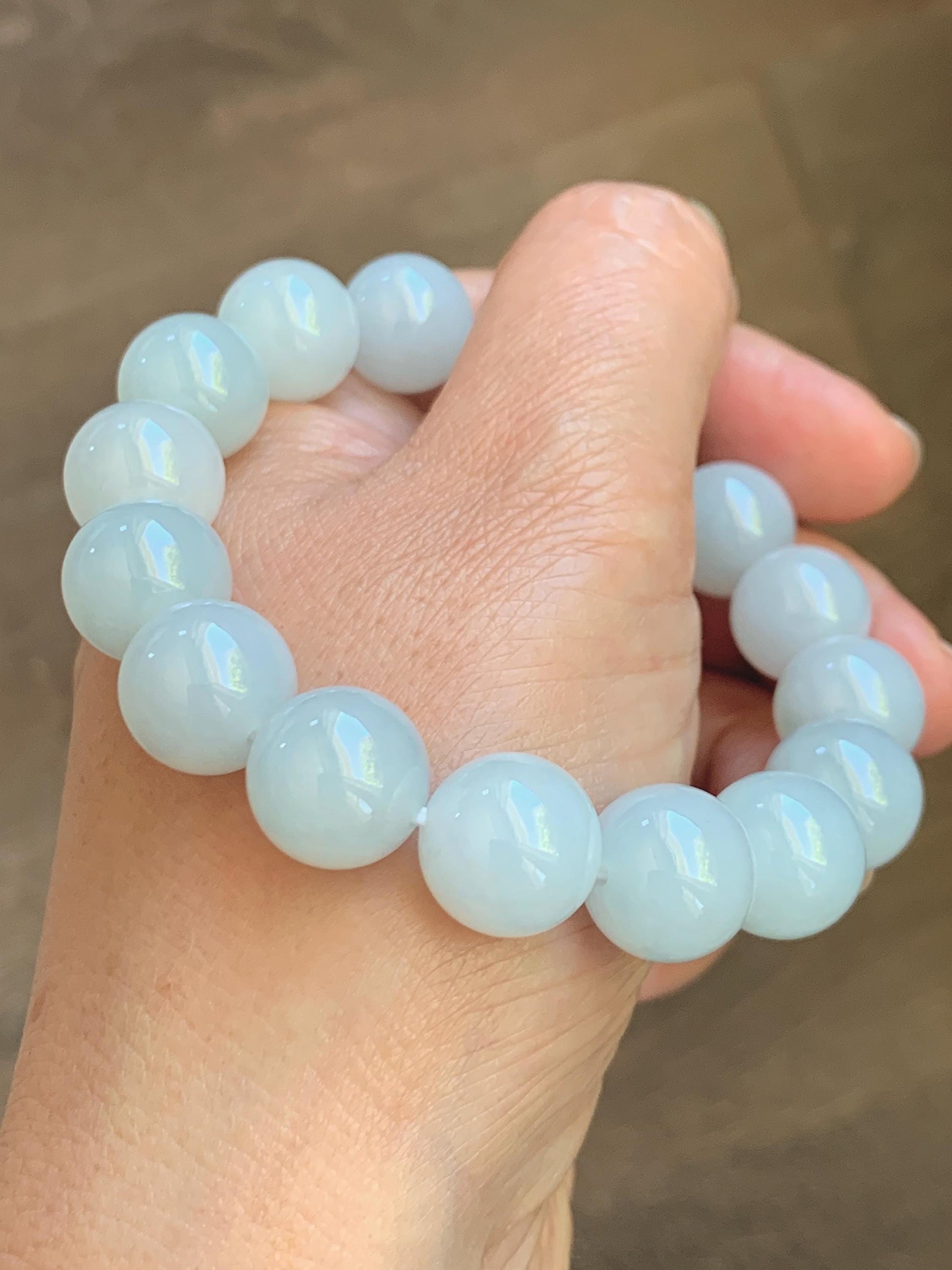 Natural Grade A Icy Translucent White Pale Green Undertone Jade Jadeite Large Beads Beaded Bracelet 12.7mm 7.5” 59g 天然冰胶淡底色翡翠大卡圆珠手串 MDS990B