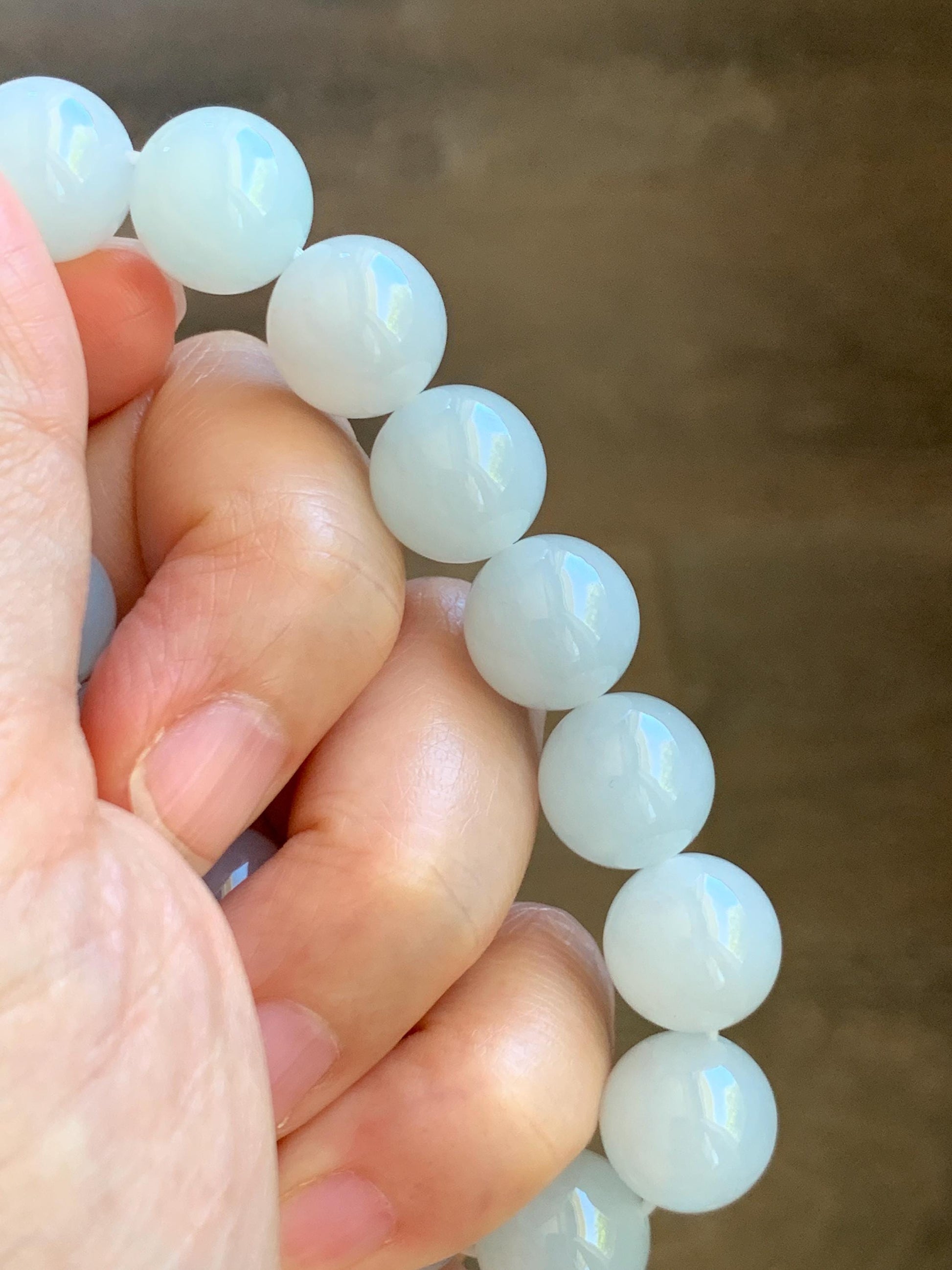 Natural Grade A Icy Translucent White Pale Green Undertone Jade Jadeite Large Beads Beaded Bracelet 12.7mm 7.5” 59g 天然冰胶淡底色翡翠大卡圆珠手串 MDS990B