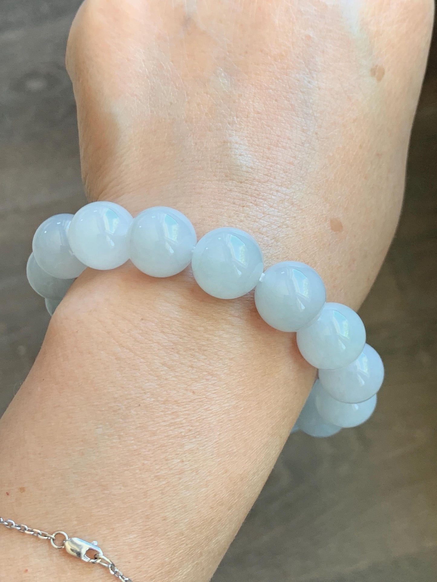 Natural Grade A Icy Translucent White Pale Green Undertone Jade Jadeite Large Beads Beaded Bracelet 12.7mm 7.5” 59g 天然冰胶淡底色翡翠大卡圆珠手串 MDS990B
