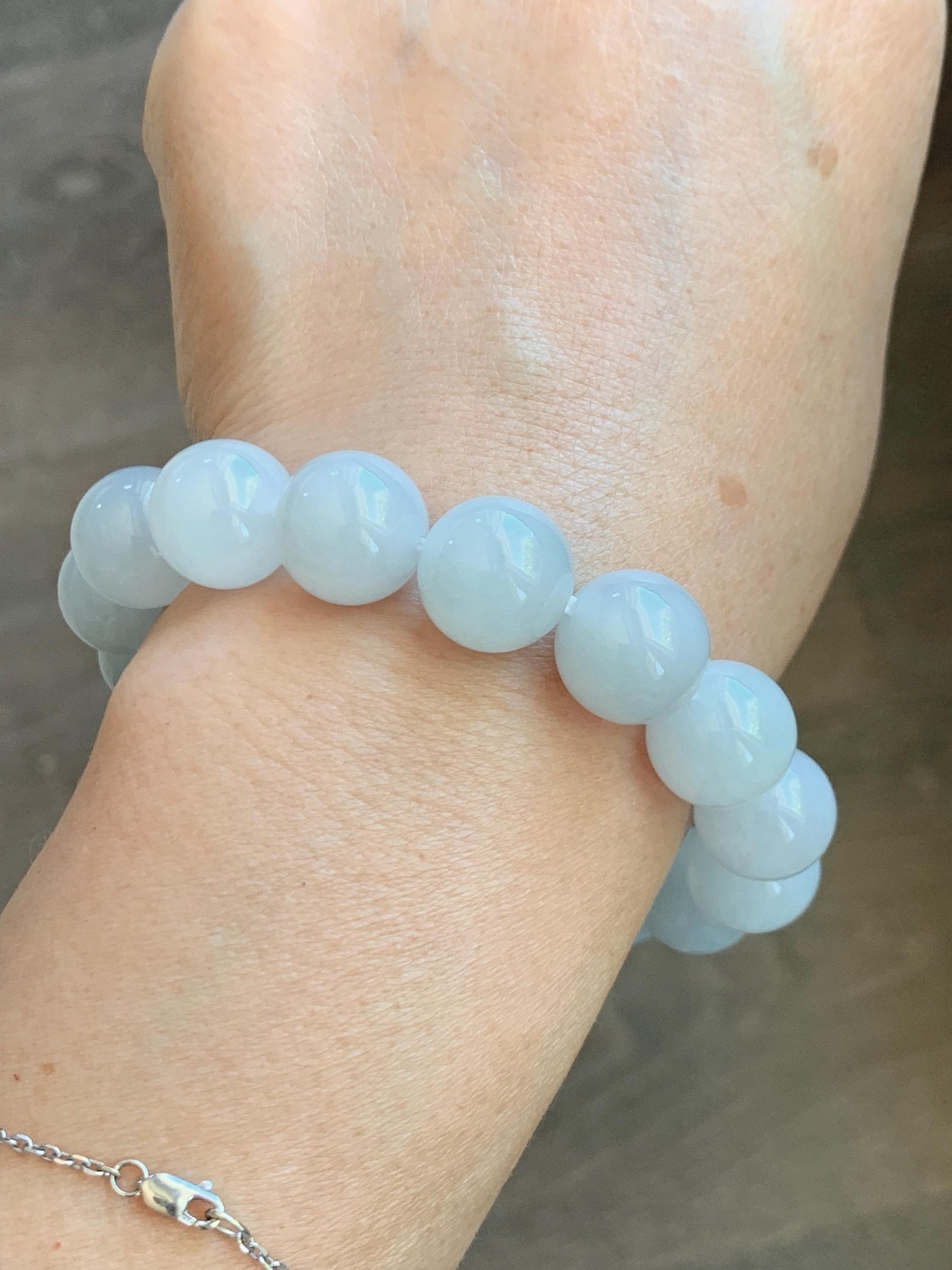 Natural Grade A Icy Translucent White Pale Green Undertone Jade Jadeite Large Beads Beaded Bracelet 12.7mm 7.5” 59g 天然冰胶淡底色翡翠大卡圆珠手串 MDS990B