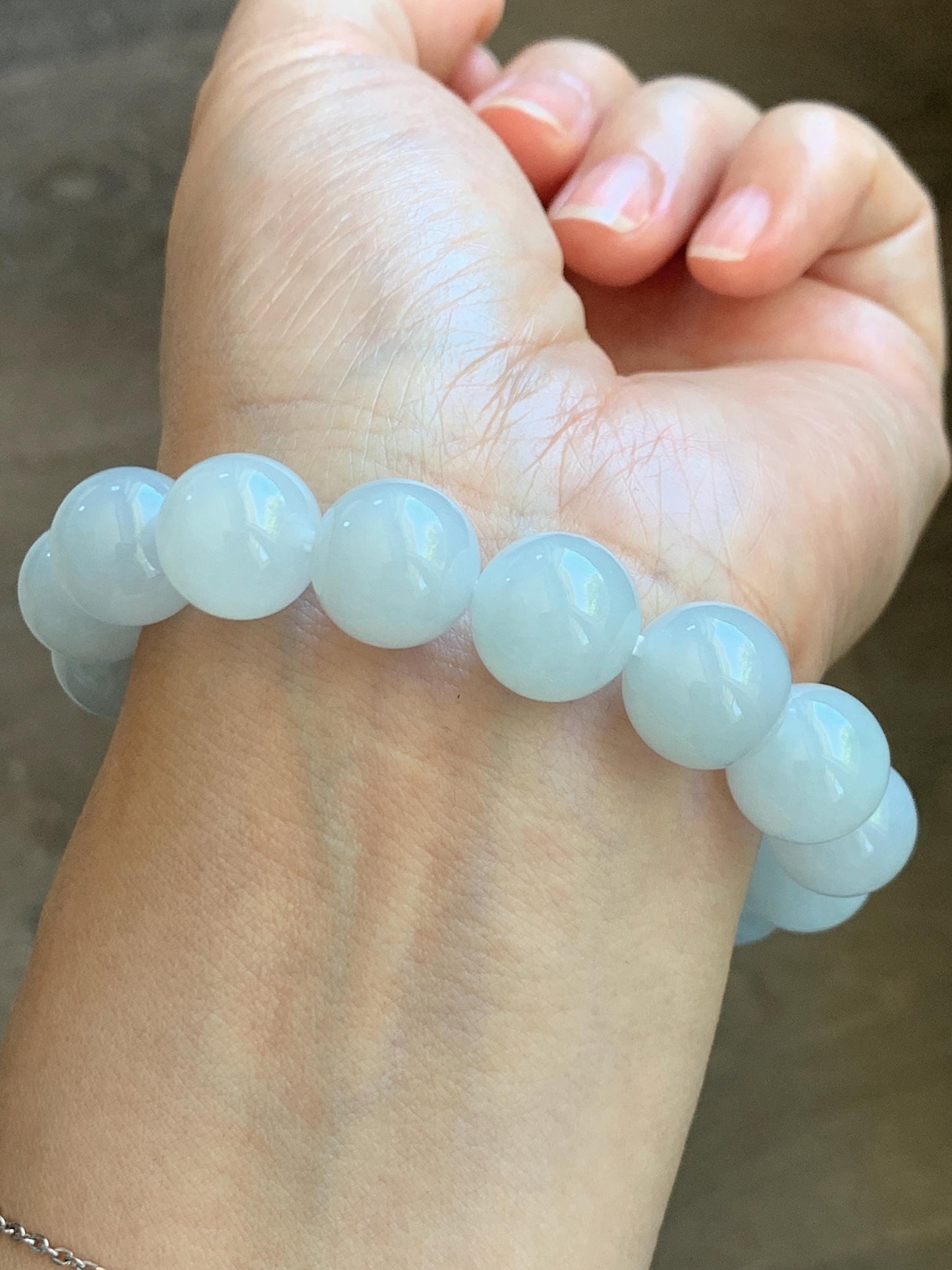 Natural Grade A Icy Translucent White Pale Green Undertone Jade Jadeite Large Beads Beaded Bracelet 12.7mm 7.5” 59g 天然冰胶淡底色翡翠大卡圆珠手串 MDS990B