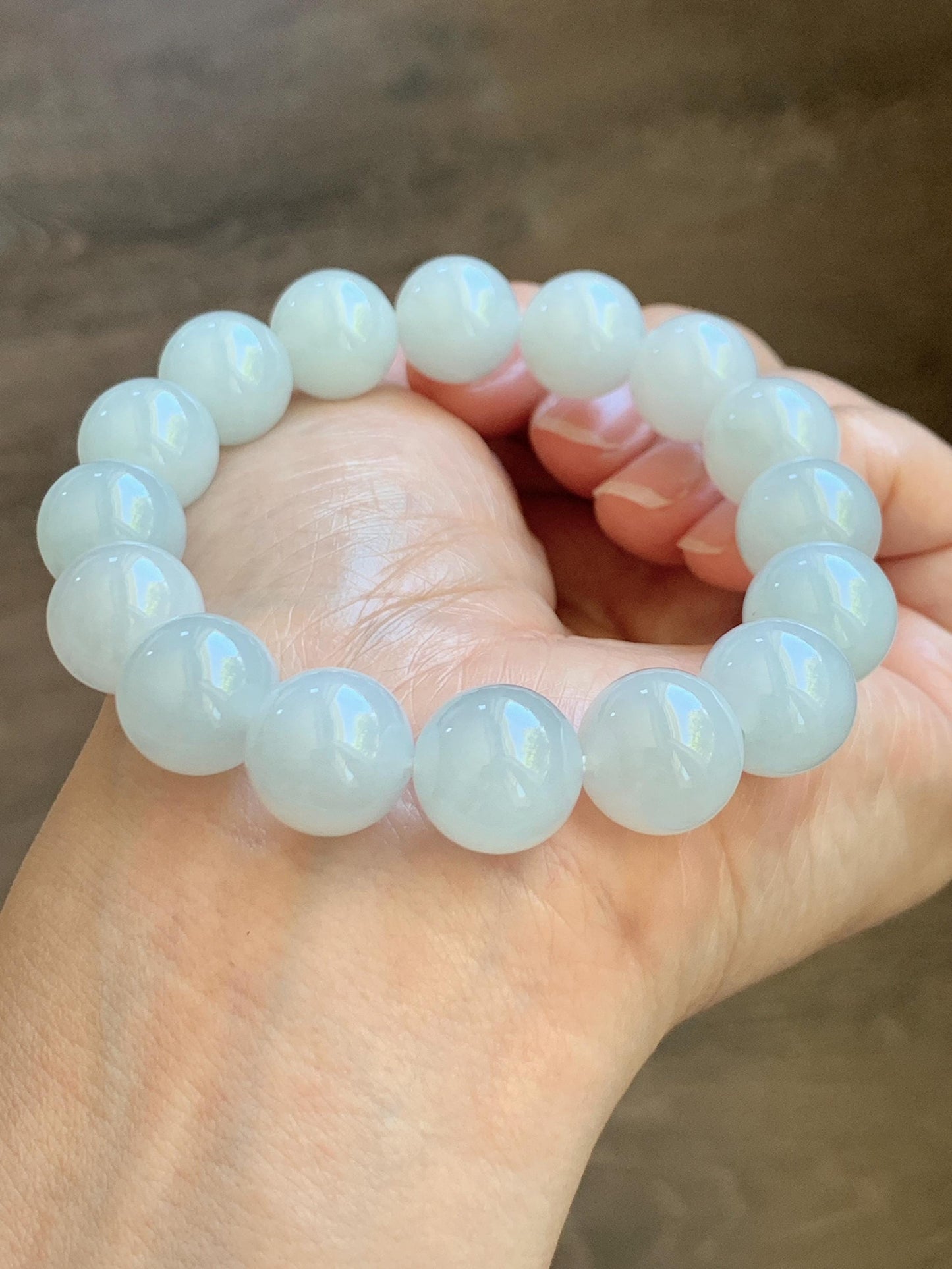 Natural Grade A Icy Translucent White Pale Green Undertone Jade Jadeite Large Beads Beaded Bracelet 12.7mm 7.5” 59g 天然冰胶淡底色翡翠大卡圆珠手串 MDS990B
