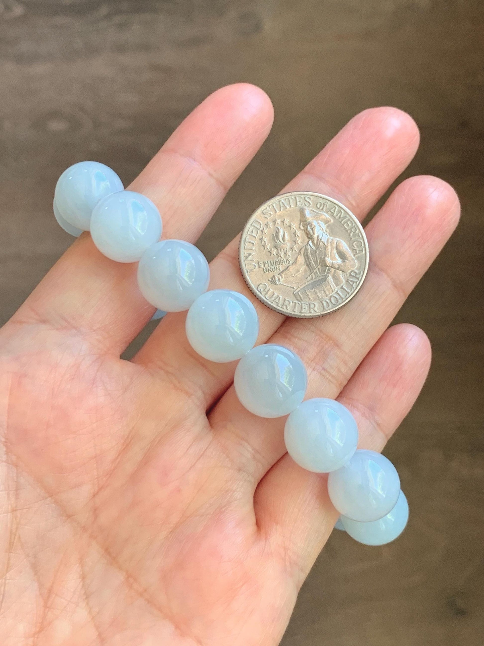Natural Grade A Icy Translucent White Pale Green Undertone Jade Jadeite Large Beads Beaded Bracelet 12.7mm 7.5” 59g 天然冰胶淡底色翡翠大卡圆珠手串 MDS990B