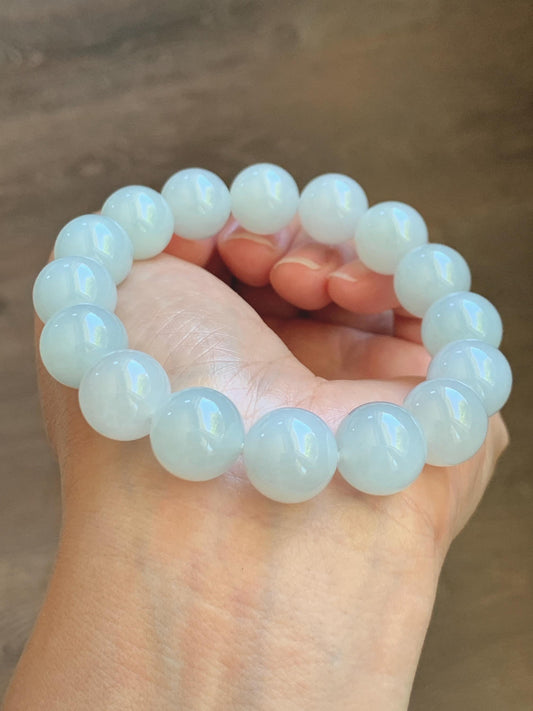 Natural Grade A Icy Translucent White Pale Green Undertone Jade Jadeite Large Beads Beaded Bracelet 12.7mm 7.5” 59g 天然冰胶淡底色翡翠大卡圆珠手串 MDS990B