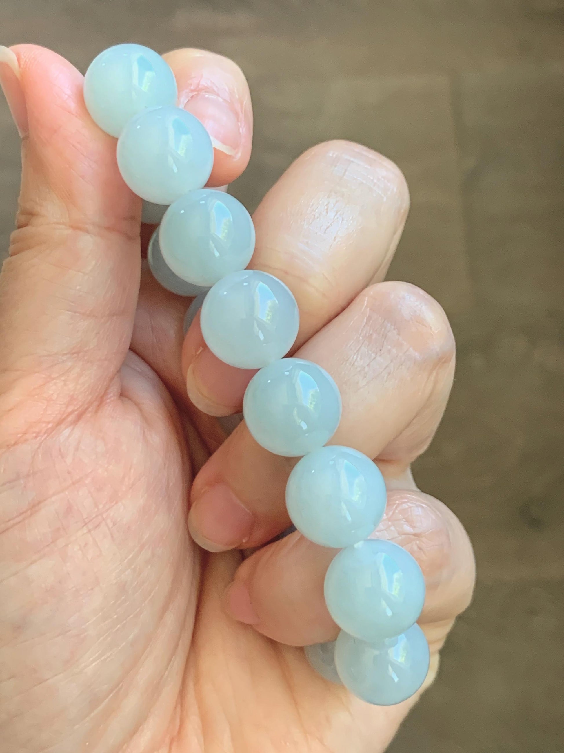 Natural Grade A Icy Translucent White Pale Green Undertone Jade Jadeite Large Beads Beaded Bracelet 12.7mm 7.5” 58g 天然冰胶淡底色翡翠大卡圆珠手串 MDS990A