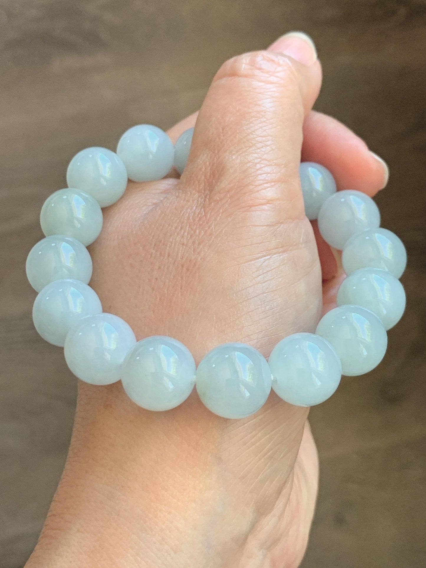 Natural Grade A Icy Translucent White Pale Green Undertone Jade Jadeite Large Beads Beaded Bracelet 12.7mm 7.5” 58g 天然冰胶淡底色翡翠大卡圆珠手串 MDS990A