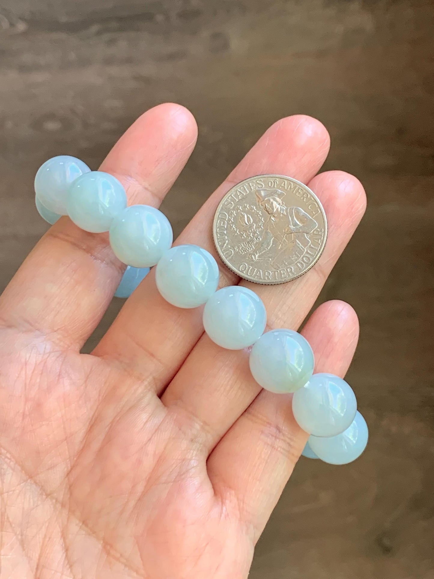 Natural Grade A Icy Translucent White Pale Green Undertone Jade Jadeite Large Beads Beaded Bracelet 12.7mm 7.5” 58g 天然冰胶淡底色翡翠大卡圆珠手串 MDS990A