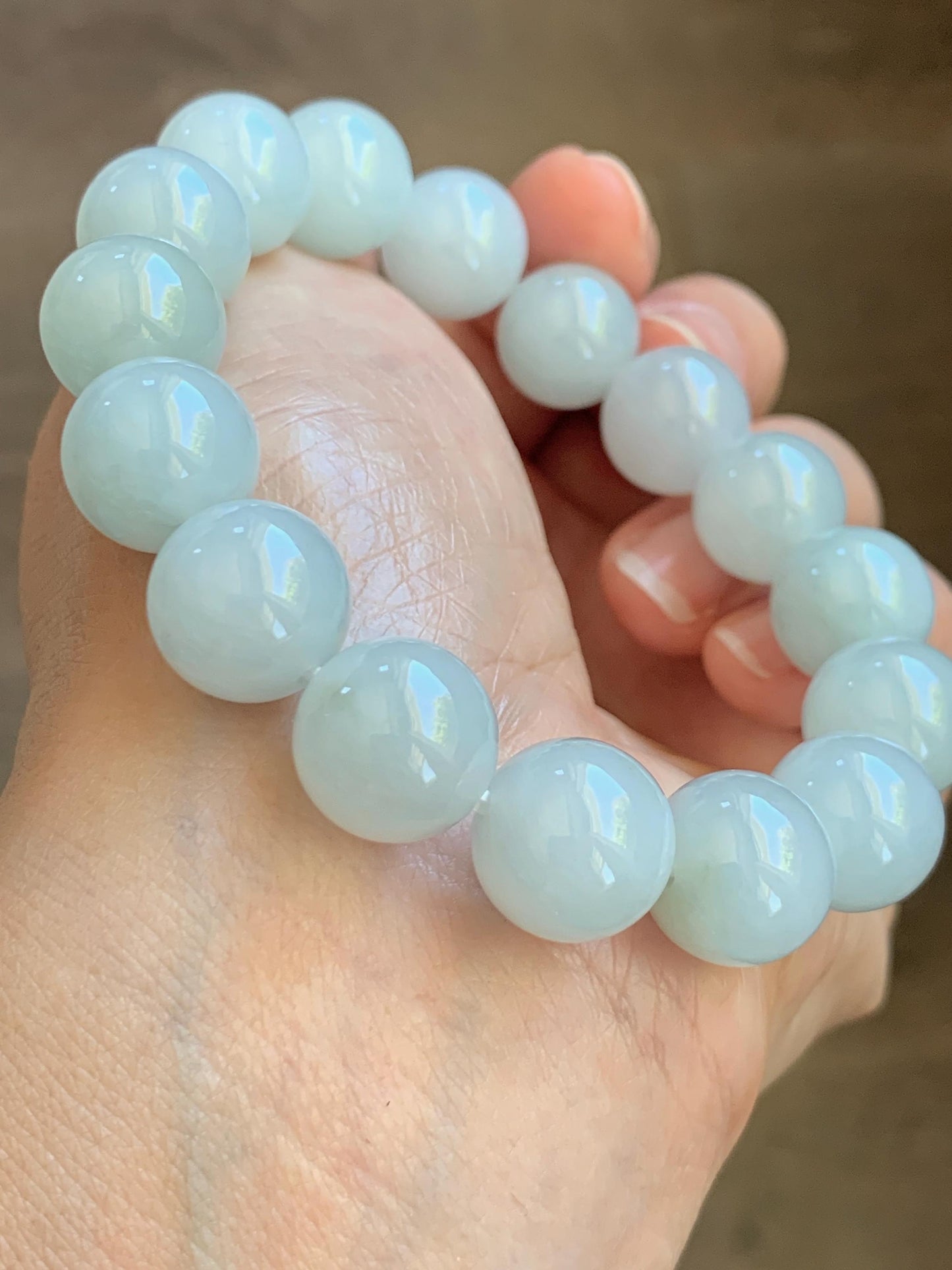 Natural Grade A Icy Translucent White Pale Green Undertone Jade Jadeite Large Beads Beaded Bracelet 12.7mm 7.5” 58g 天然冰胶淡底色翡翠大卡圆珠手串 MDS990A